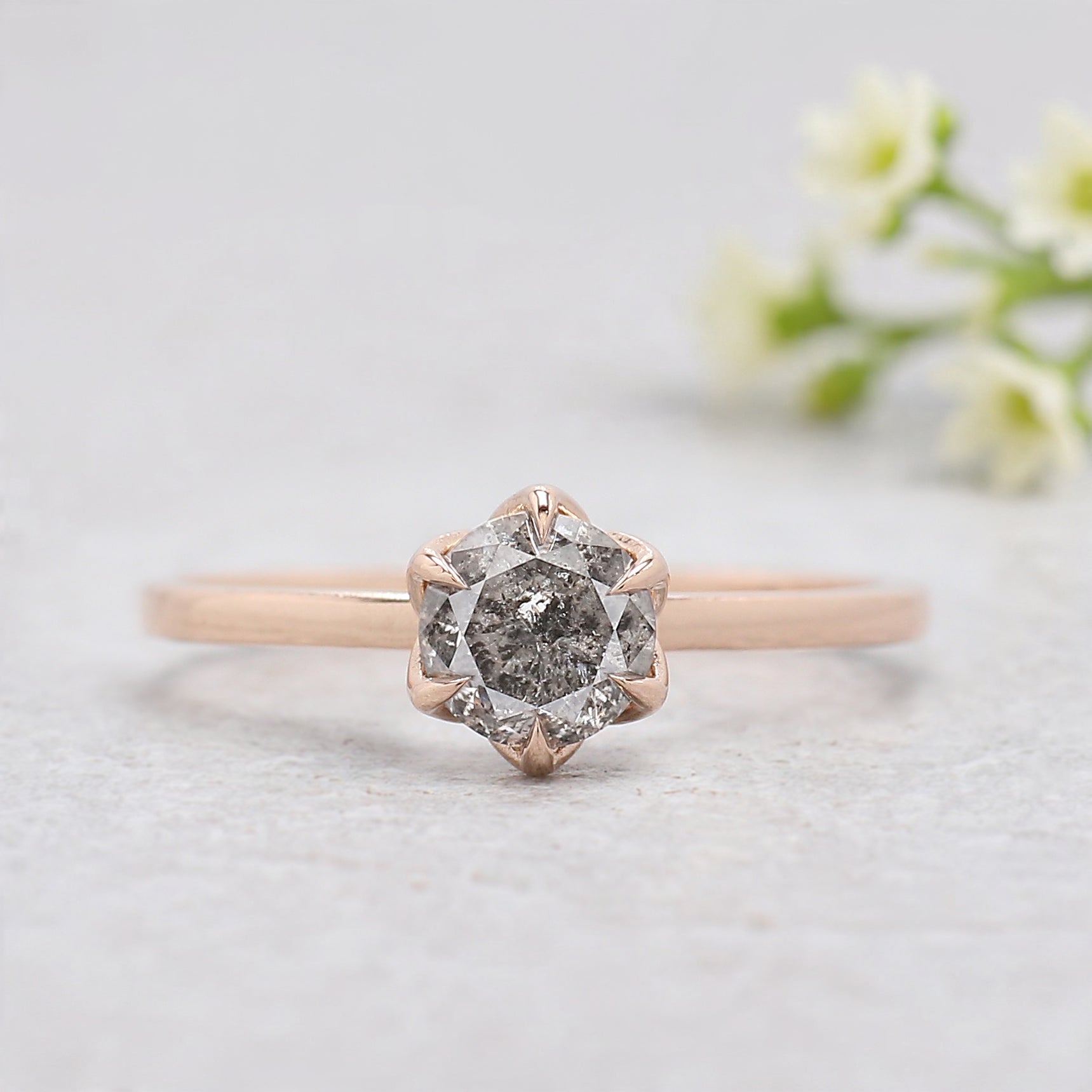 0.65 Ct Natural Round Shape Salt And Pepper Diamond Ring 5.37 MM Round Cut Diamond Ring 14K Solid Rose Gold Silver Engagement Ring KDL3486