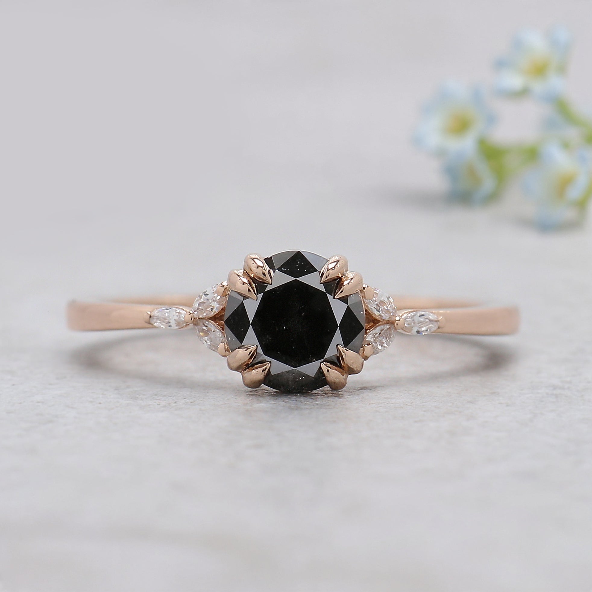 0.90 Ct Natural Round Shape Black Color Diamond Ring 6.05 MM Round Cut Diamond Ring 14K Solid Rose Gold Silver Round Engagement Ring KDL507