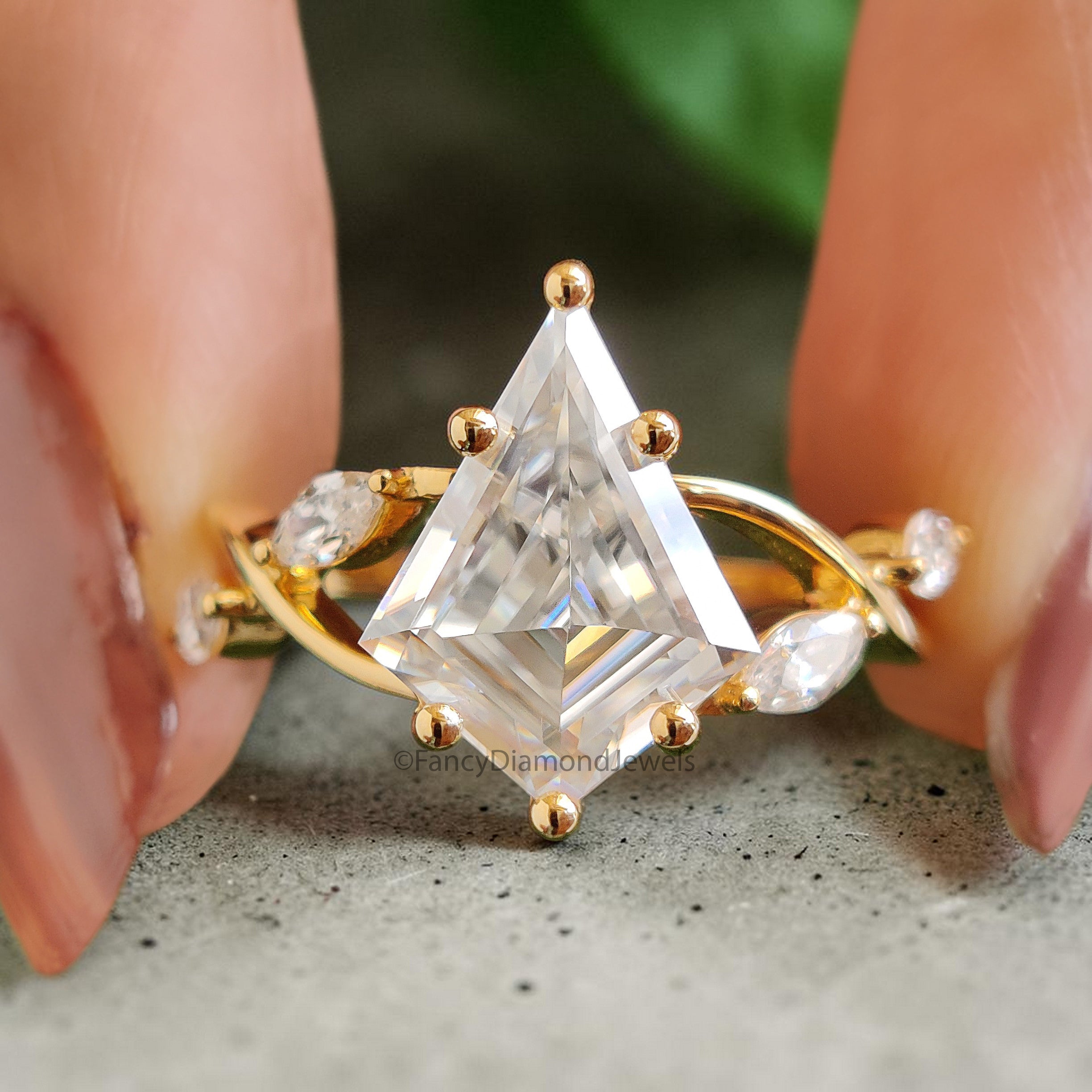 Kite Moissanite Engagement Ring, 14K Yellow Gold Ring, Marquise Cluster Side Stones, Vintage Inspired Bridal Ring, Unique Wedding Ring FD550