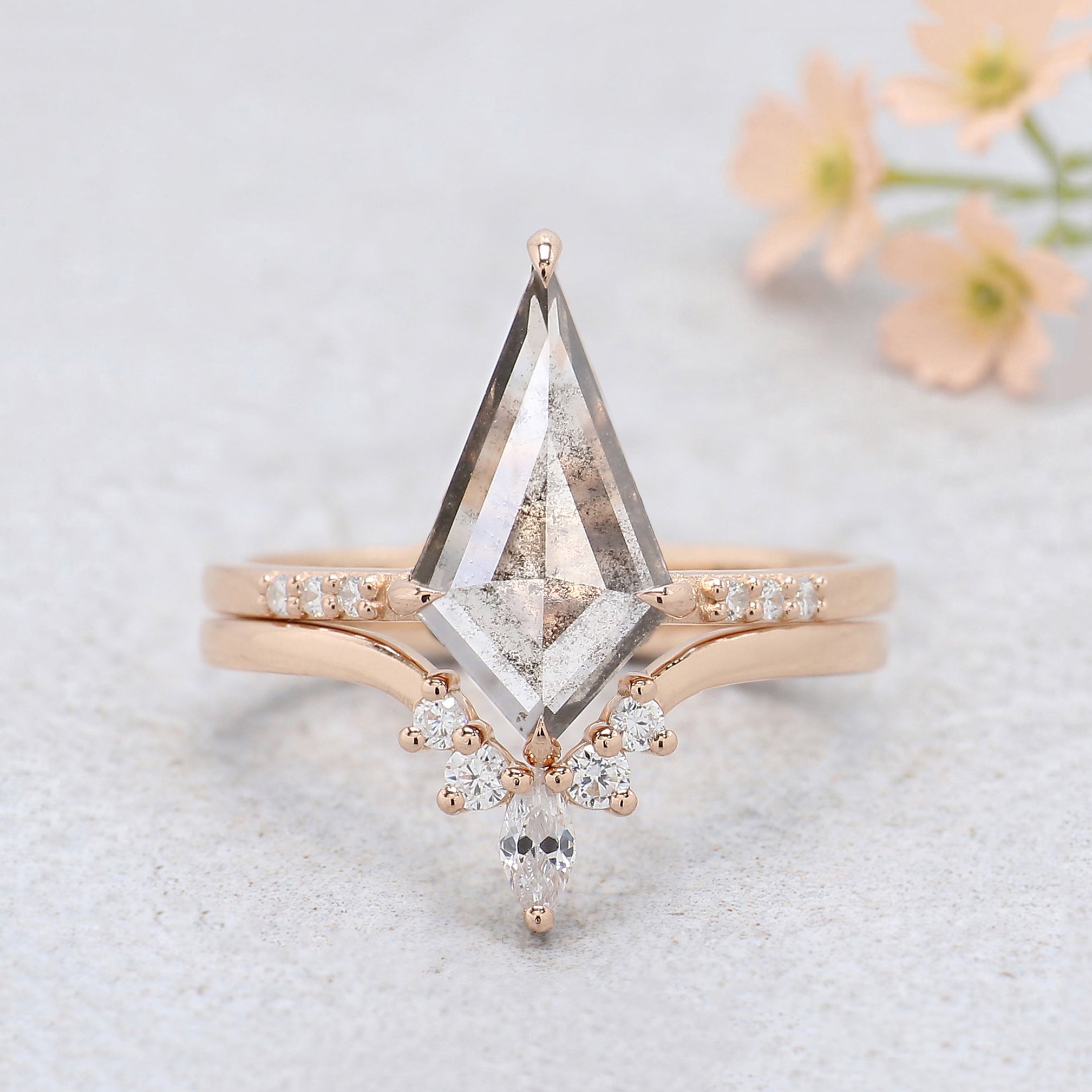 1.34 CT Kite Shape Lab Grown Diamond Ring Kite Fancy Black Grey Salt And Pepper Diamond Ring Engagement Ring Bridal Wedding Ring Set KDN2642