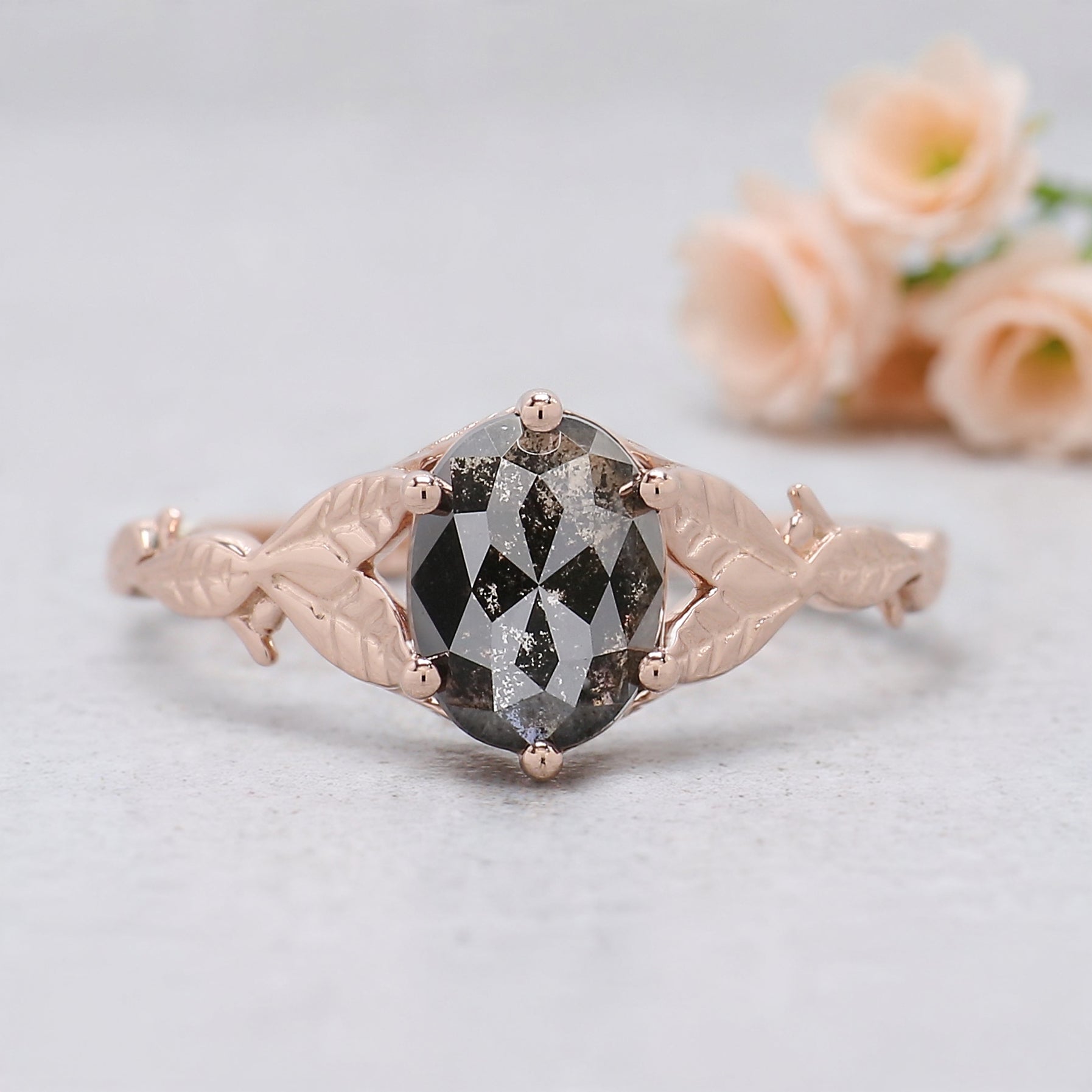 Oval Salt and Pepper Diamond Engagement Ring, 14K Rose Gold Oval Diamond Ring, Rustic Leaf Band, Unique Bridal Ring, Gift for Her KDN1313