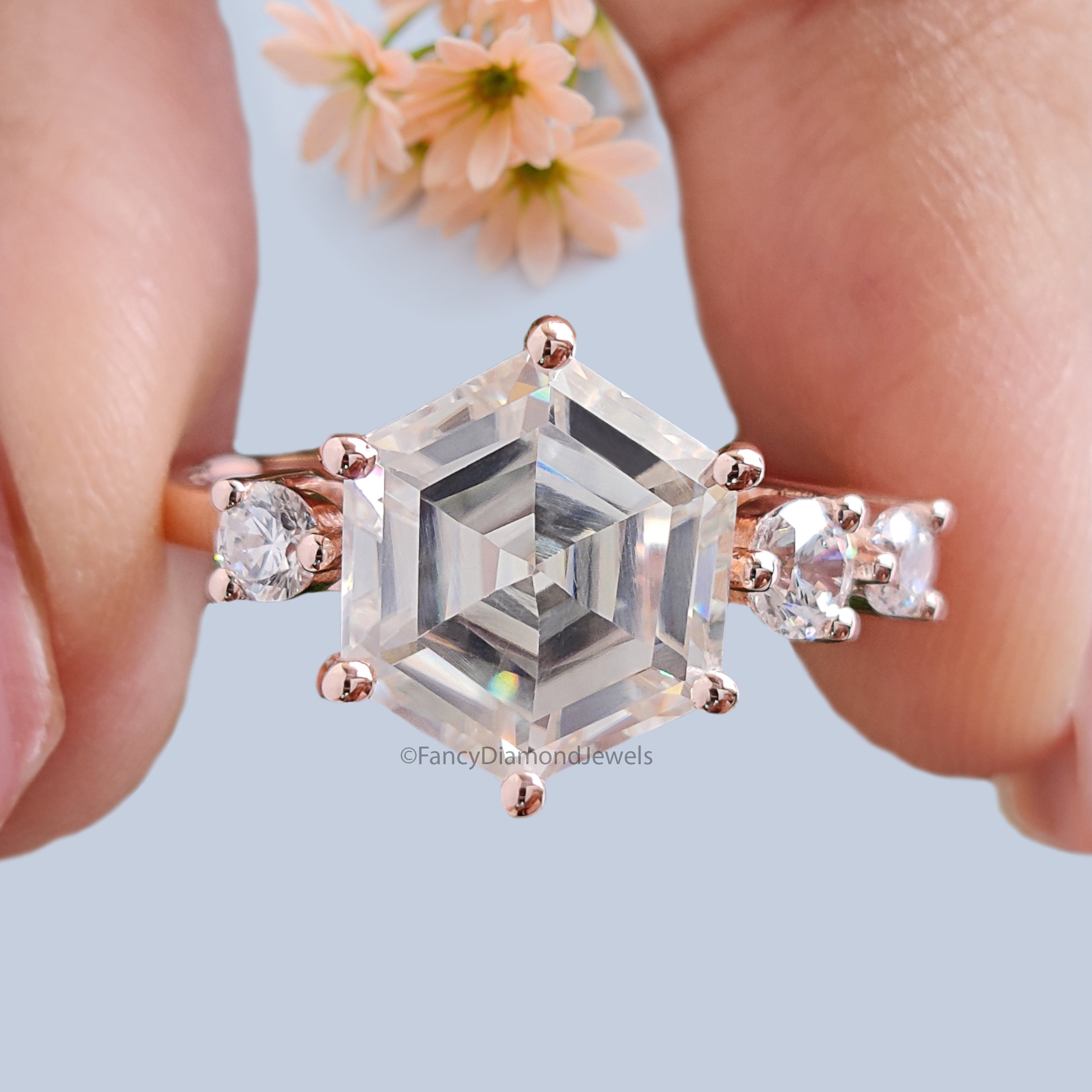 2.95 CTW Antique Hexagon Cut Moissanite Engagement Ring Rose Gold Four Stone Ring Engagement Ring Delicate Wedding Bridal Ring FD235