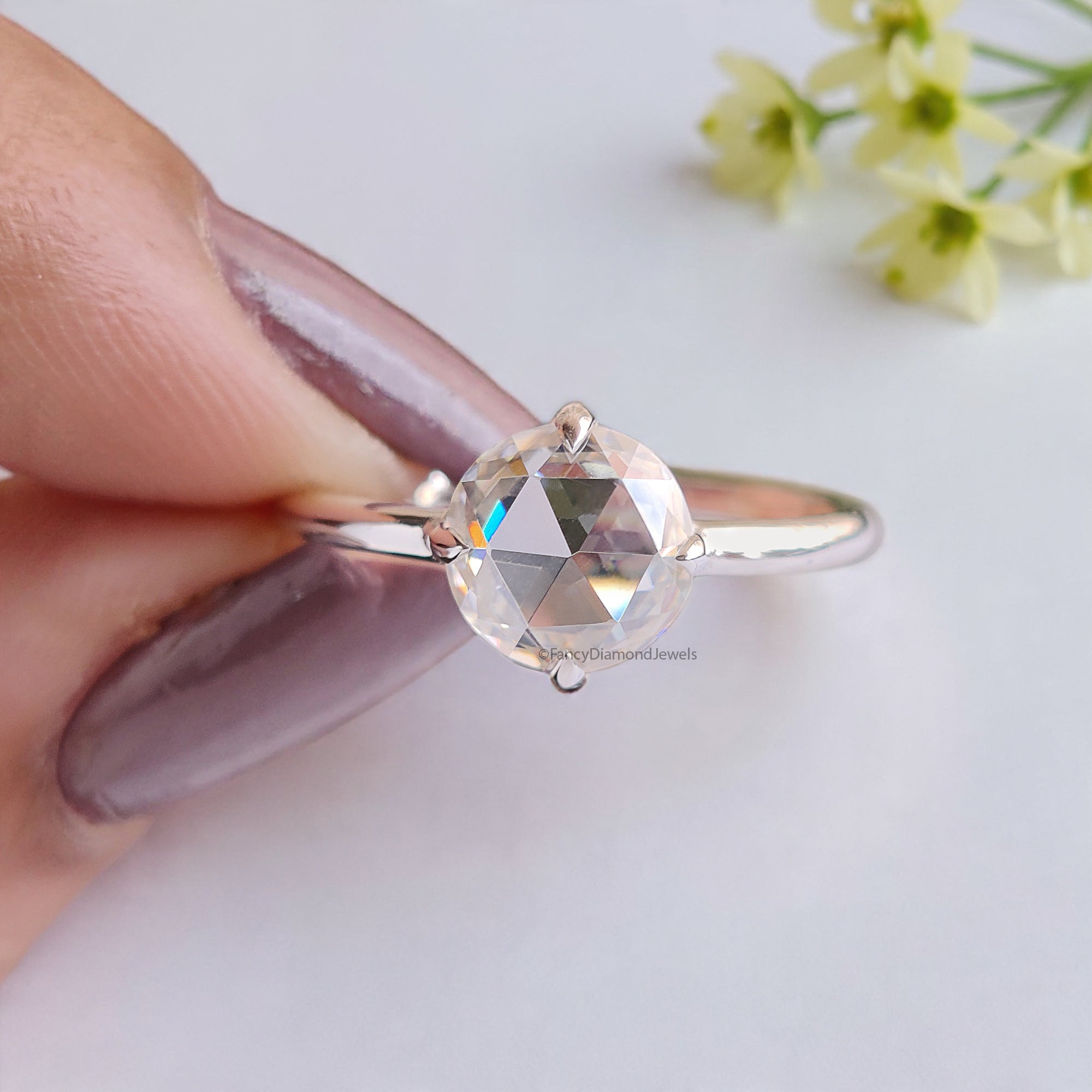 1.00 CT Round Rose Cut Colorless Moissanite Pointed Prong Simple Solitaire Engagement Ring Wedding Ring Anniversary Ring Bridal Ring FD22