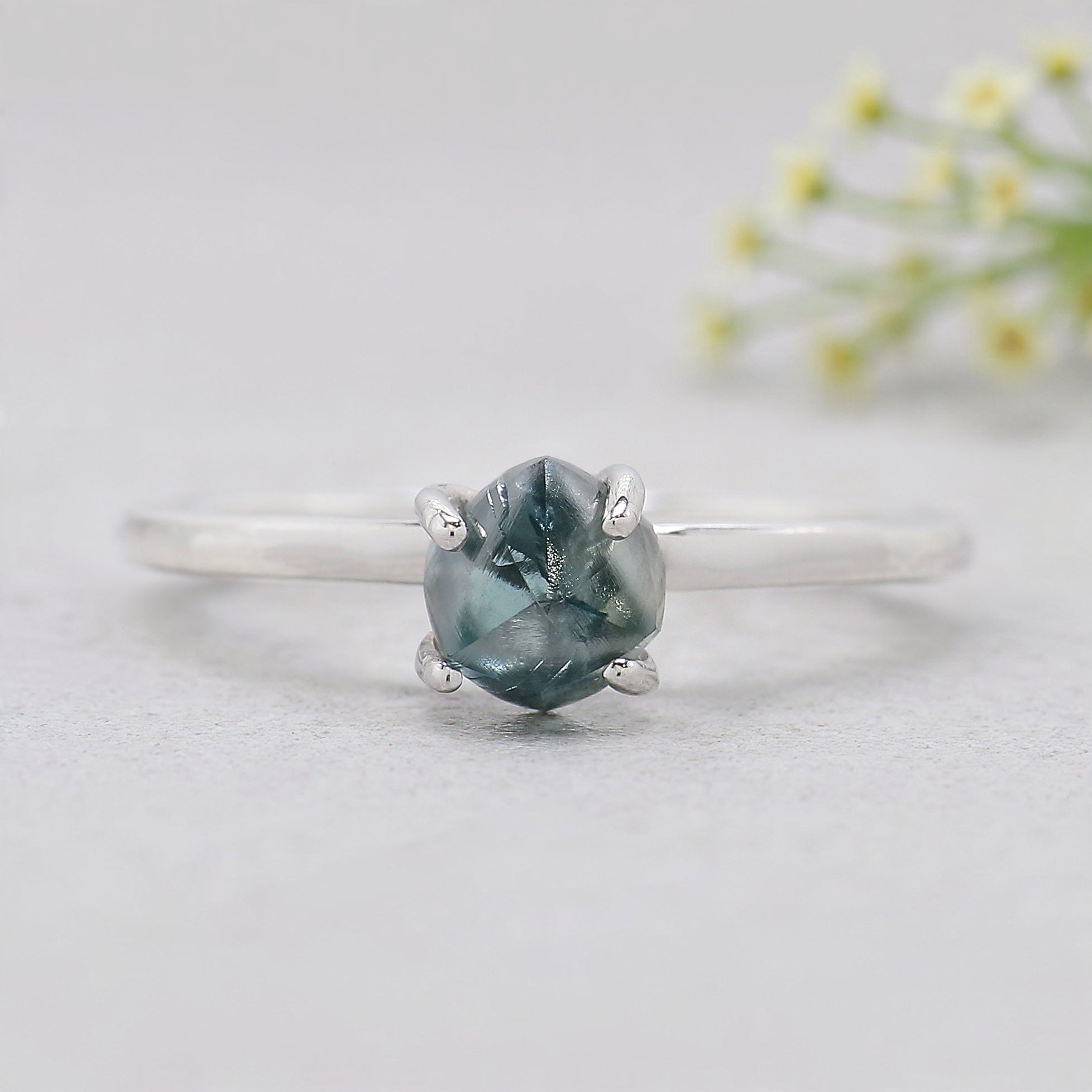 Rough Cut Blue Color Diamond Ring 1.35 Ct 6.40 MM Crystal Rough Diamond Ring 14K Solid White Gold Silver Engagement Ring Gift For Her QL2350
