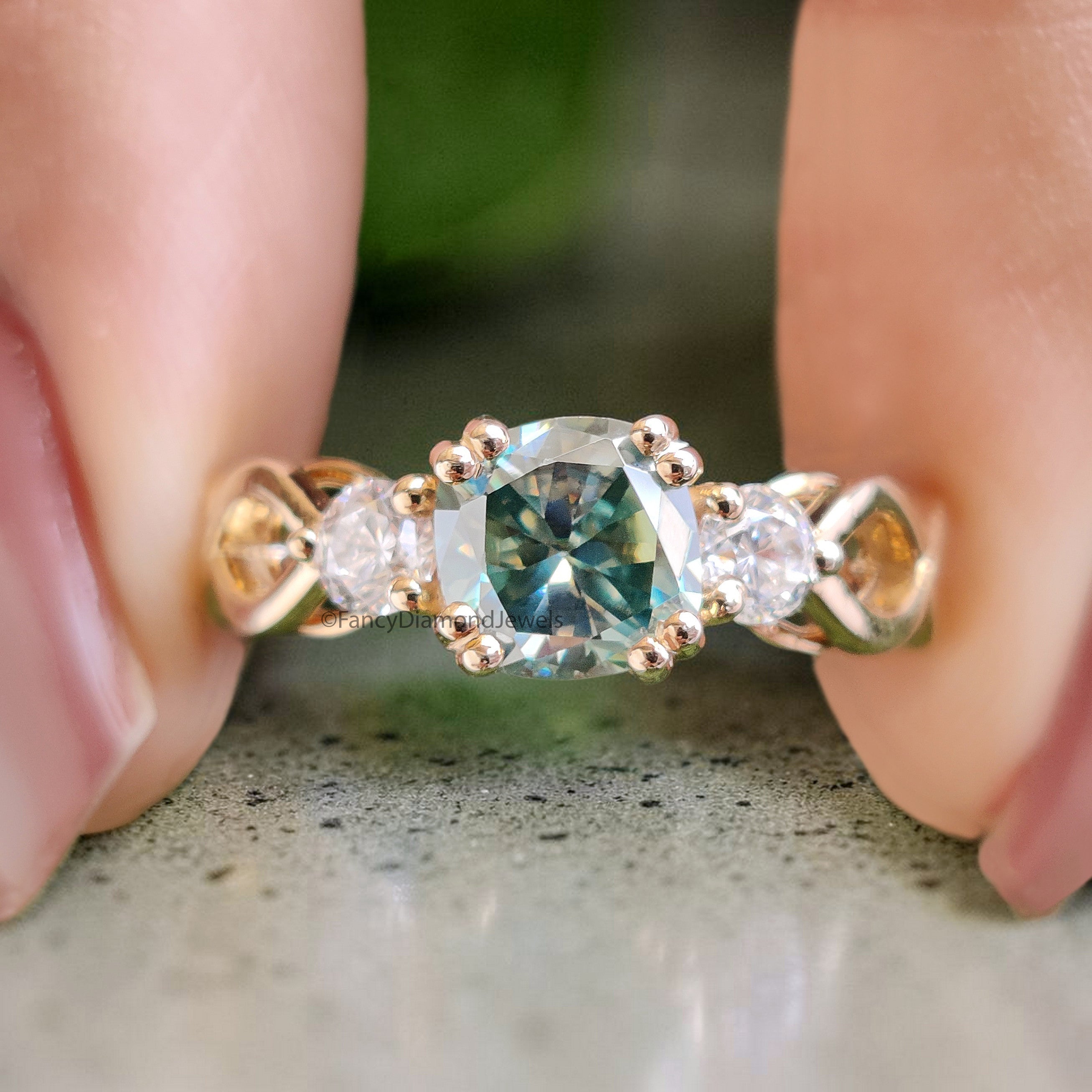Cushion Cut Green Moissanite Engagement Ring 14K Solid Gold Ring Double Prong Set Ring Cushion Moissanite Wedding Ring Gift For Her FD467