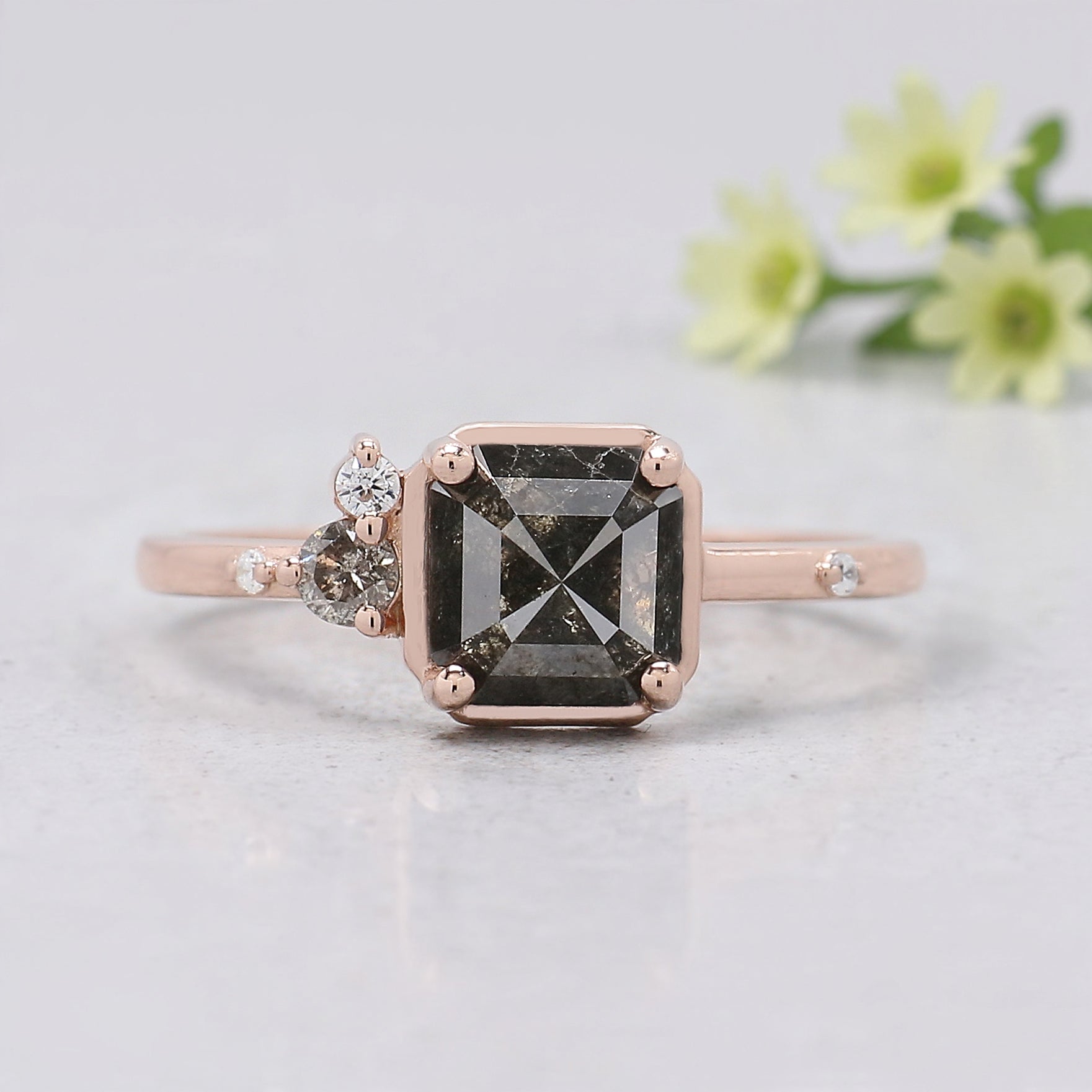 Emerald Shape Salt and Pepper Diamond Ring, Rose Gold Engagement Ring, Unique Bridal Ring, Minimalist Promise Ring Gift for Her KDK1942