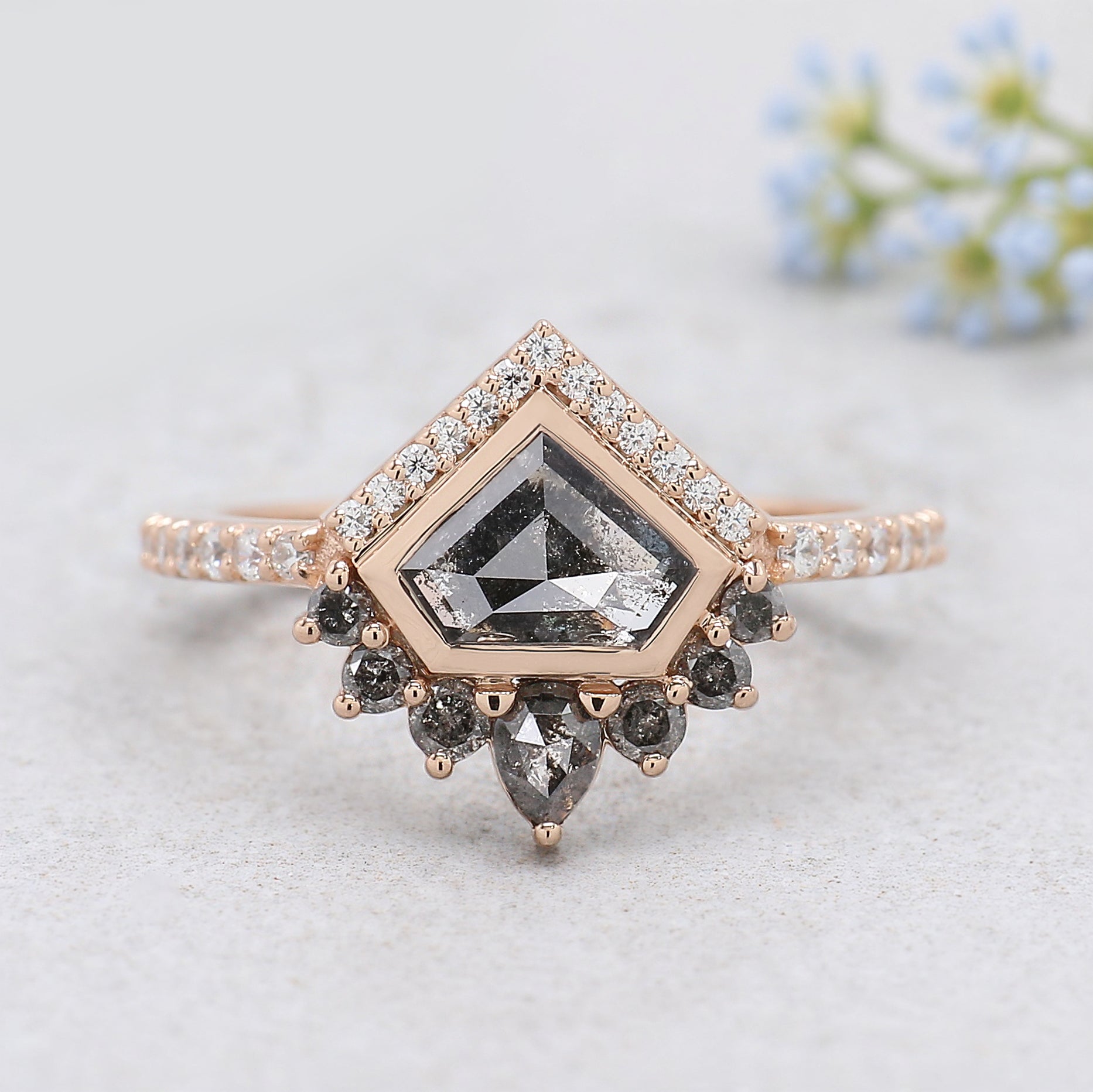 0.90 Ct Natural Shield Shape Salt And Pepper Diamond Ring 5.55 MM Shield Cut Diamond Ring 14K Solid Rose Gold Silver Engagement Ring KDN767