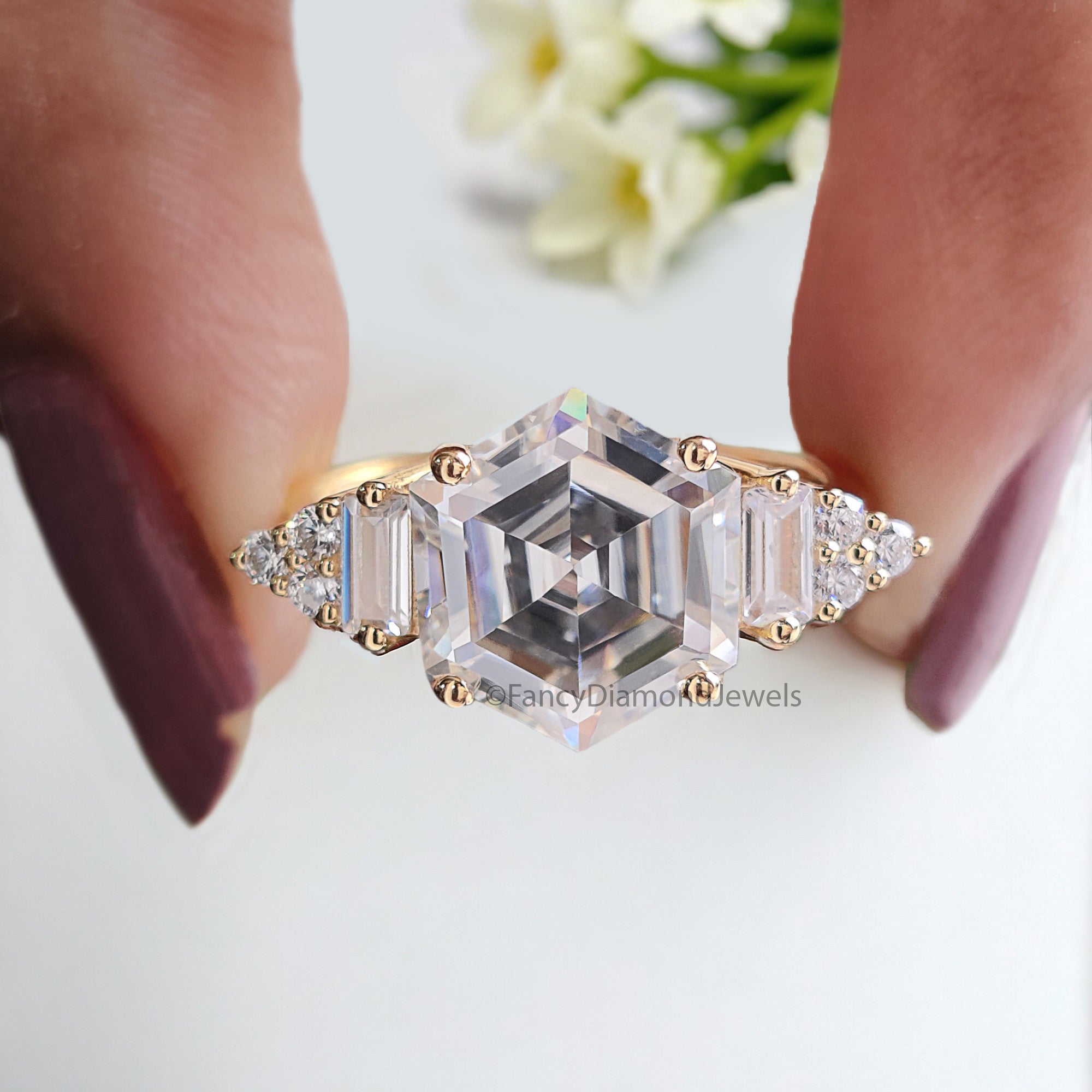 3.00 CT Antique Hexagon Moissanite Engagement Ring Baguette And Round Ring Ring For Gifting Wedding Ring Anniversary Gift Ring Her FD170