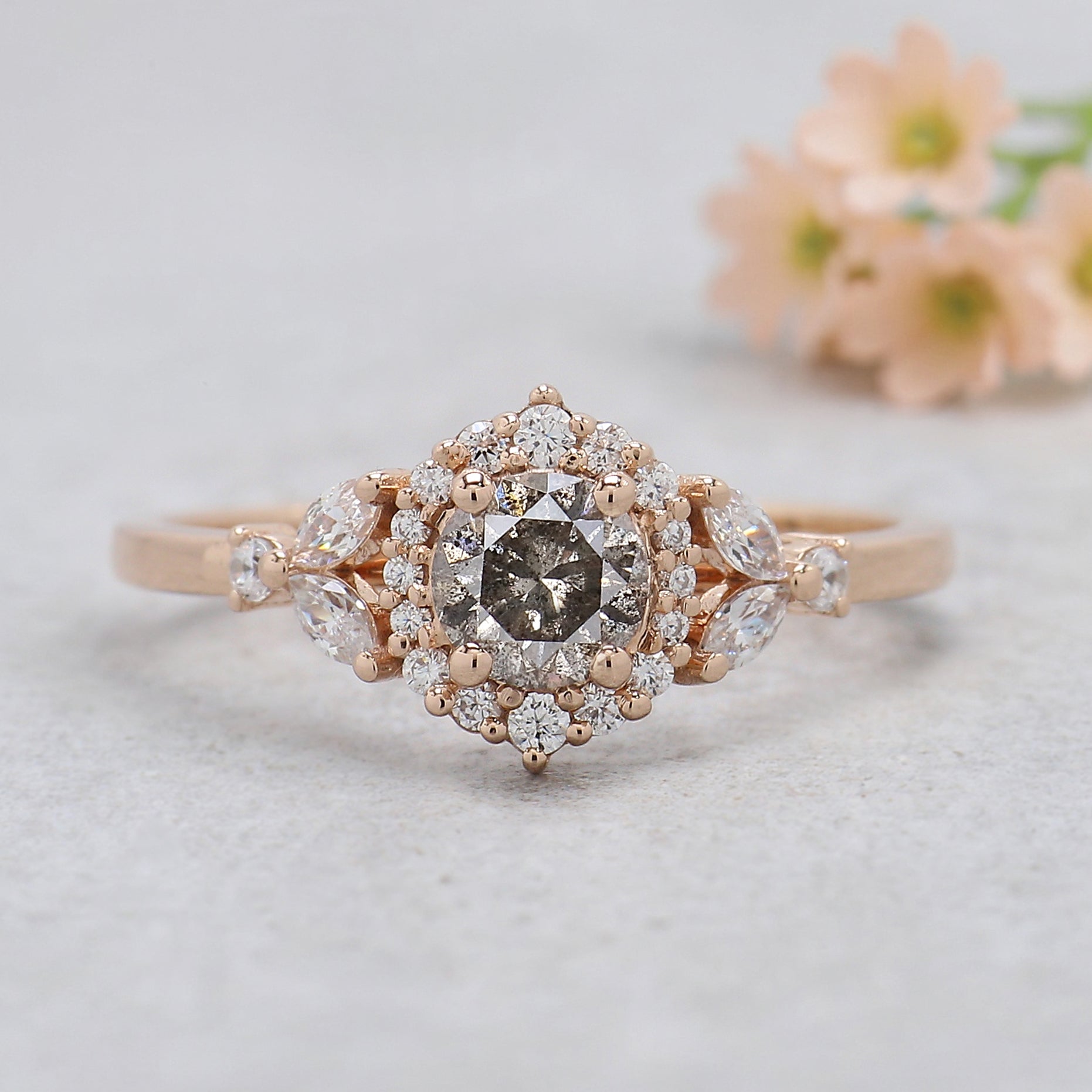 0.45 Ct Natural Round Shape Salt And Pepper Diamond Ring 4.80 MM Round Cut Diamond Ring 14K Solid Rose Gold Silver Engagement Ring KDN810