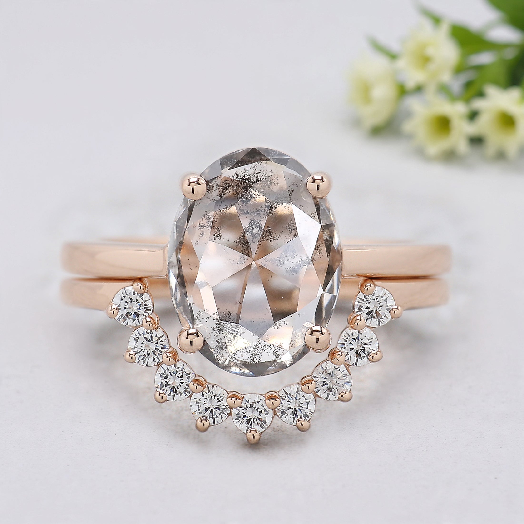 2.29 CT Oval Lab Grown Diamond Ring Oval CVD Fancy Black Grey Salt And Pepper Diamond Ring Engagement Ring Bridal Wedding Ring Set KDL3525