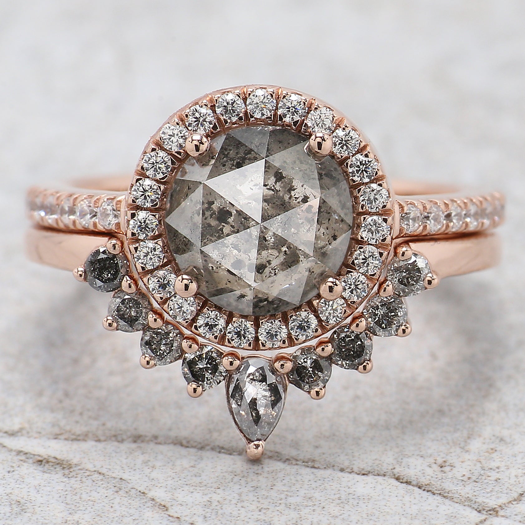 Round Rose Cut Salt And Pepper Diamond Ring 1.83 Ct 7.75 MM Round Rose Diamond Ring 14K Rose Gold Silver Engagement Ring Gift For Her QL2188