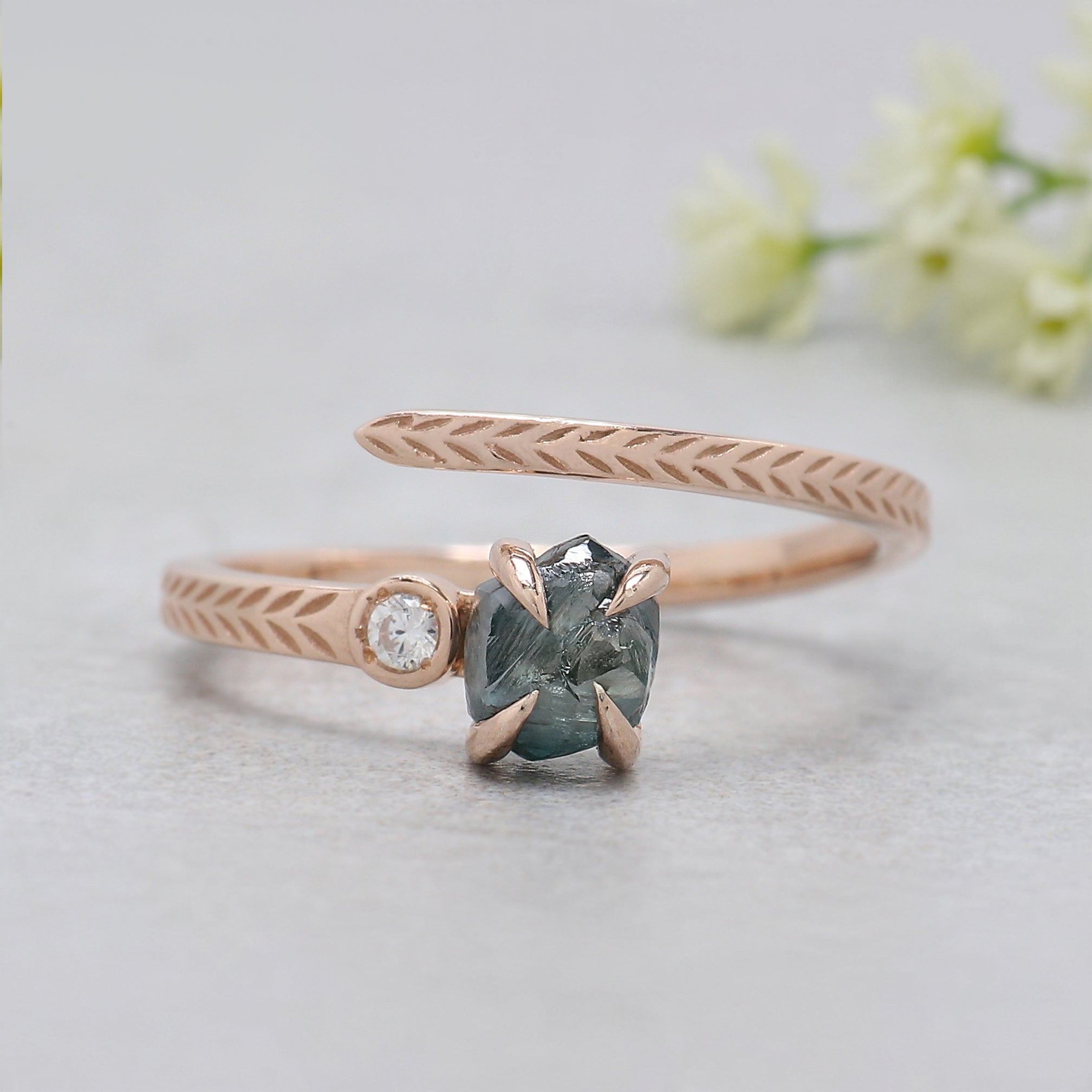 0.97 Ct Natural Rough Cut Blue Color Diamond Ring 5.63 MM Crystal Rough Diamond Ring 14K Solid Rose Gold Silver Engagement Ring KDL2347