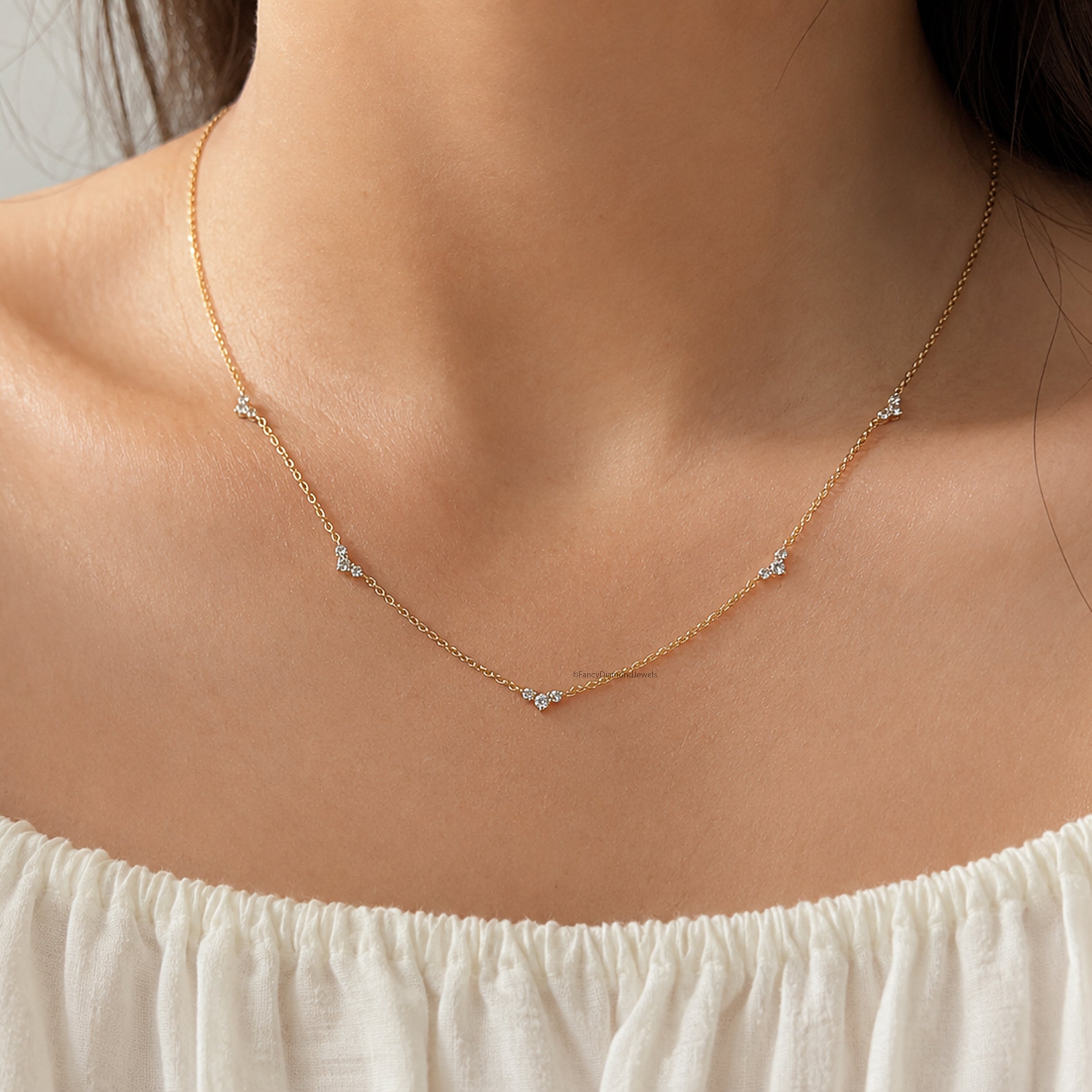 18K Solid Gold Diamond Triangle Cluster Necklace, Adjustable Station Chain Lab Grown Diamond, Gold Attached Diamond Solitaire Necklace FD566