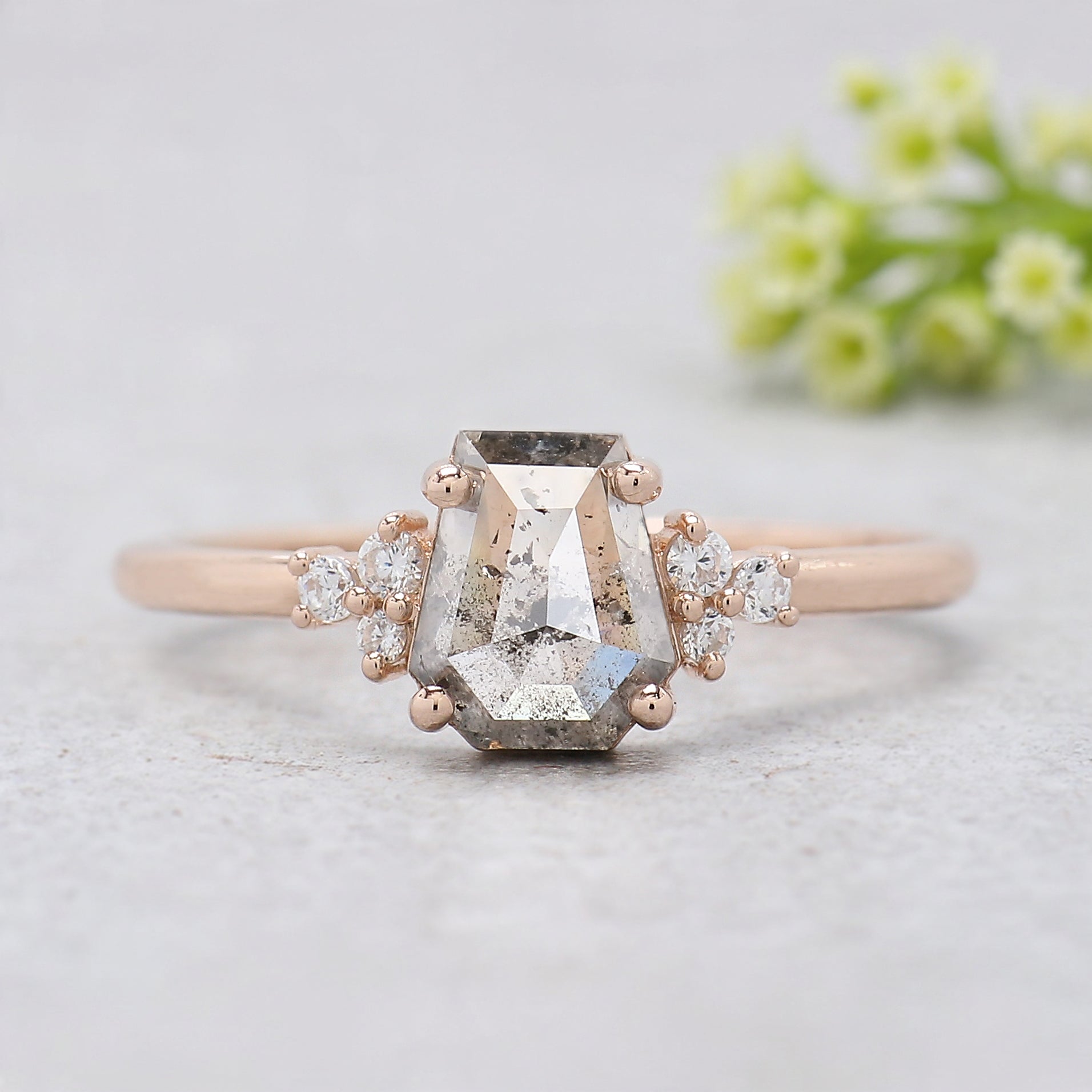 Coffin Cut Salt And Pepper Diamond Ring 1.11 Ct 6.80 MM Coffin Diamond Ring 14K Solid Rose Gold Silver Engagement Ring Gift For Her KDK2178