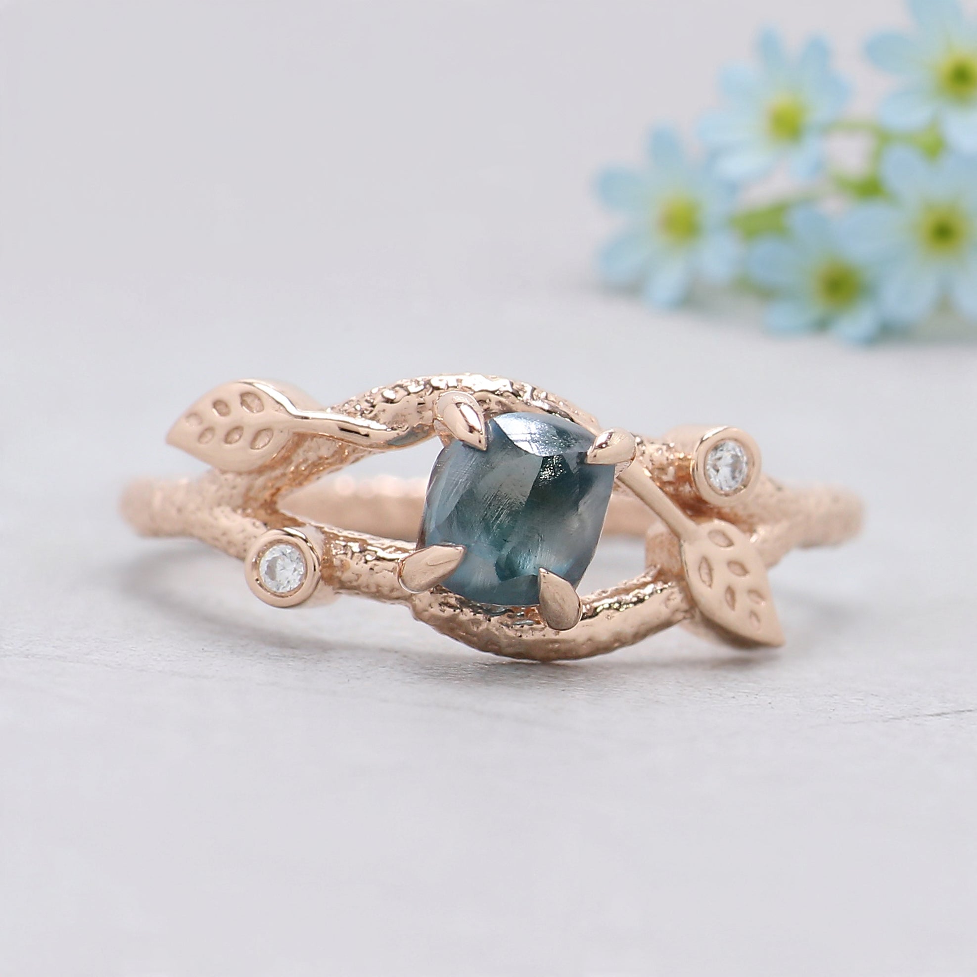 Rough Blue Color Diamond Ring 0.81 Ct 5.45 MM Crystal Rough Diamond Ring 14K Solid Rose Gold Silver Engagement Ring Gift For Her QL2228