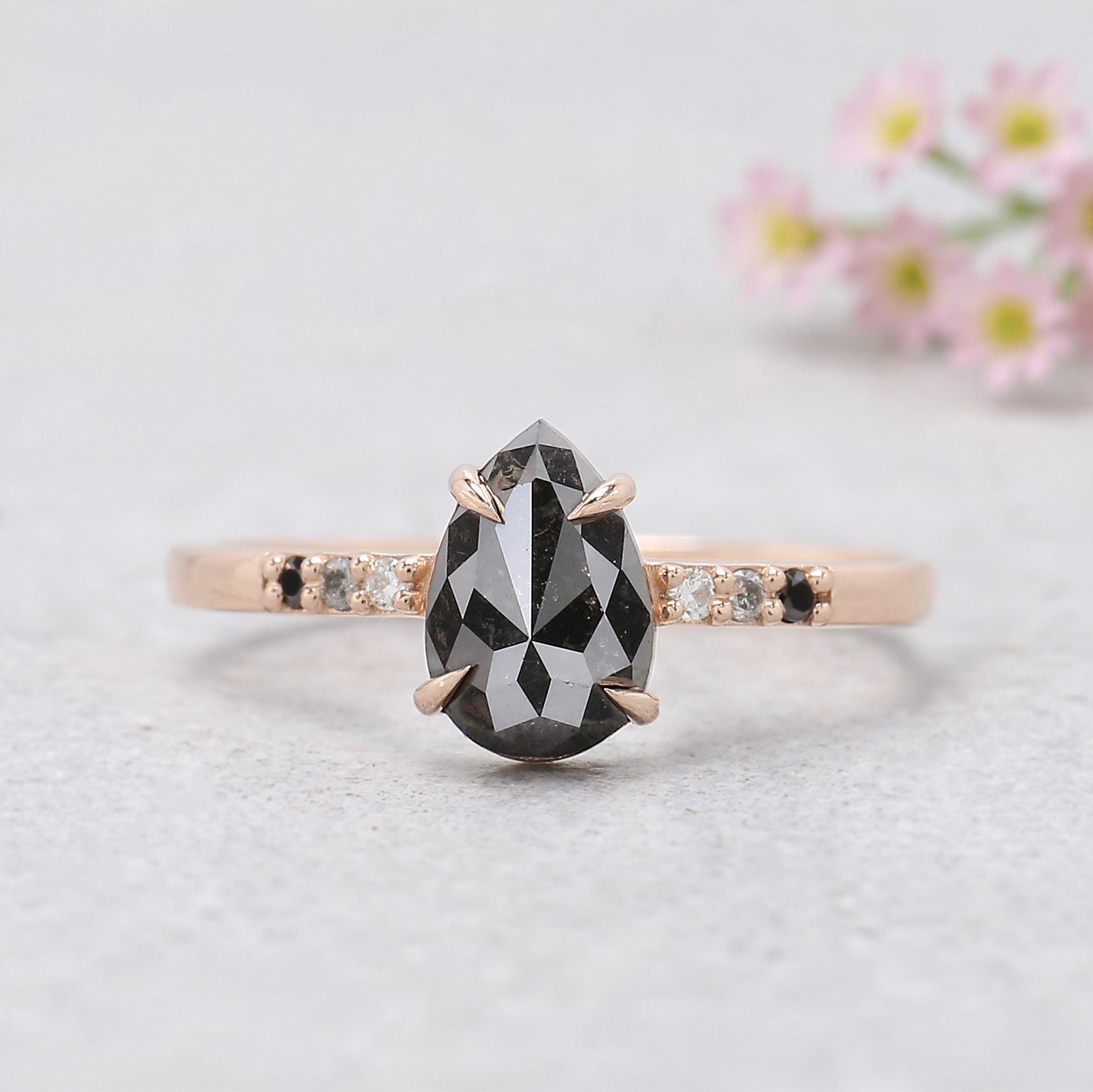 0.89 Ct Pear Shape Black Color Diamond Ring 7.65 MM Pear Cut Diamond Ring 14K Solid Rose Gold Silver Engagement Ring Gift For Her KDN1754