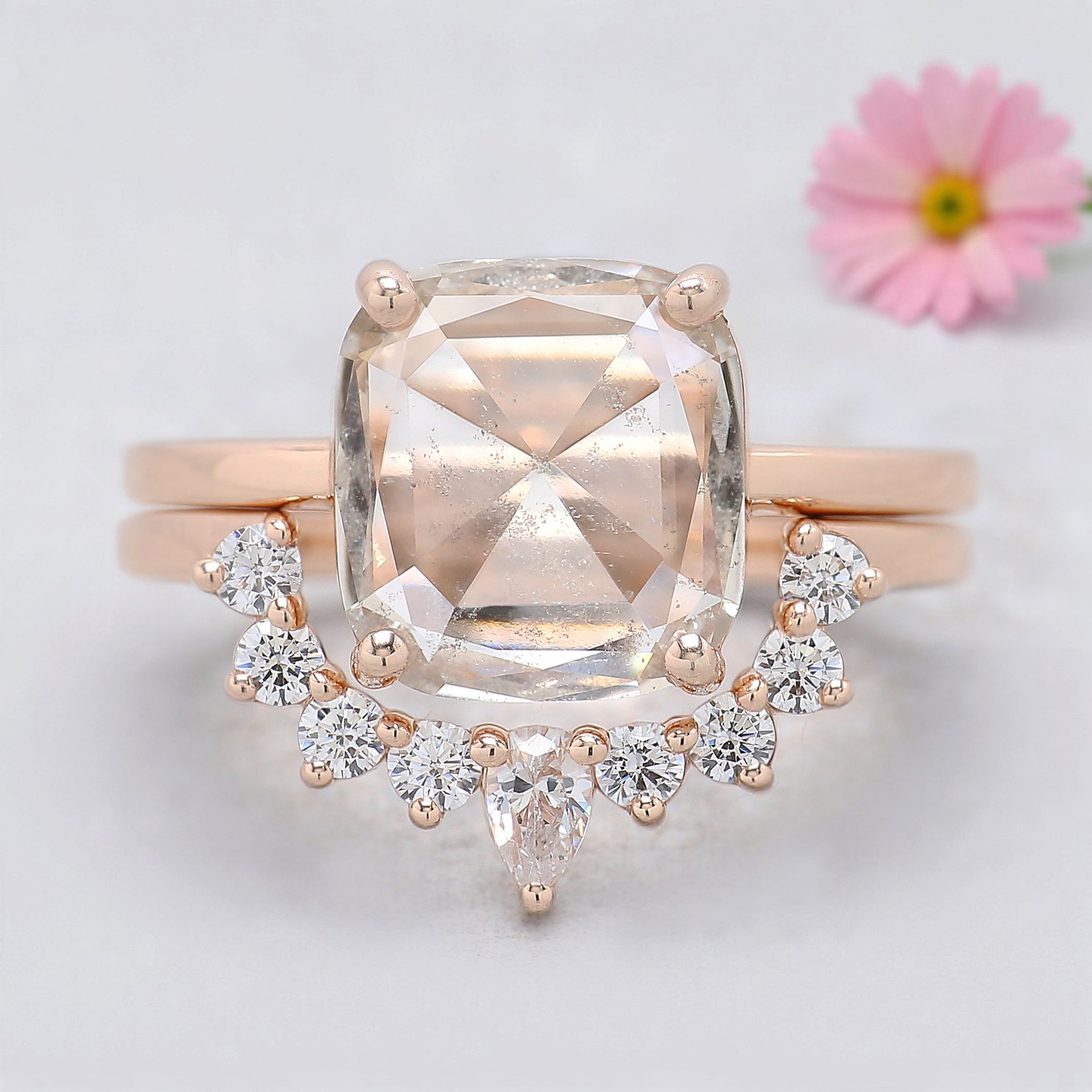 1.93 CT Cushion Lab Grown Diamond Ring Cushion Fancy Black Grey Salt And Pepper Diamond Ring Engagement Ring Bridal Wedding Ring Set KDL3517