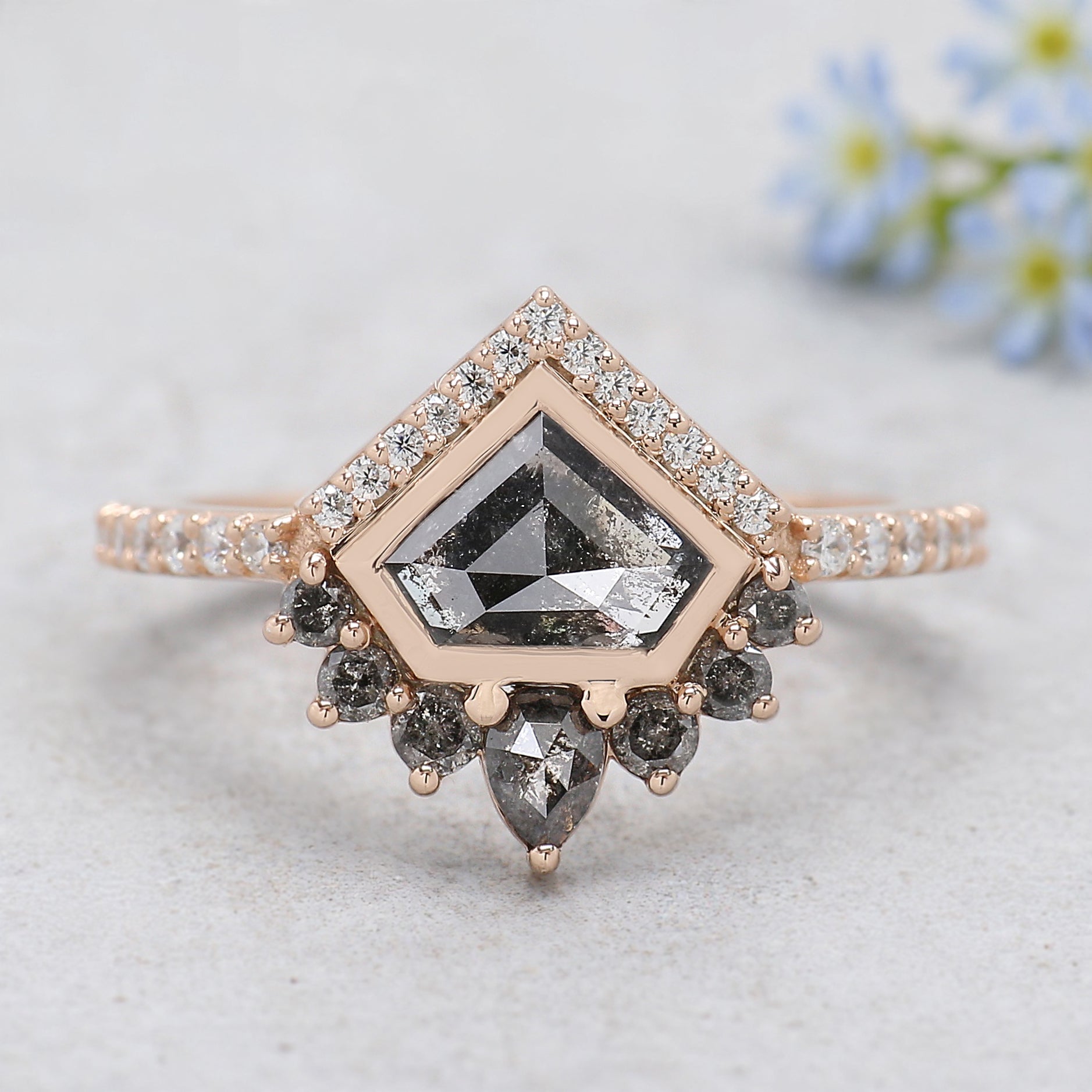 0.90 Ct Natural Shield Shape Salt And Pepper Diamond Ring 5.55 MM Shield Cut Diamond Ring 14K Solid Rose Gold Silver Engagement Ring KDN767