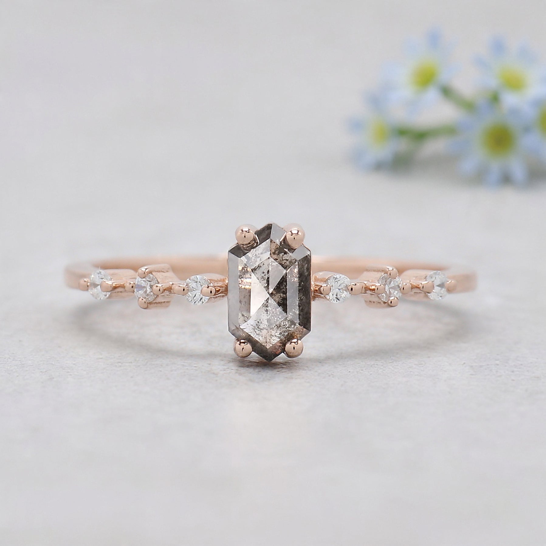 Hexagon Cut Salt And Pepper Diamond Ring 0.48 Ct 6.38 MM Hexagon Cut Diamond Ring 14K Rose Gold Silver Engagement Ring Gift For Her KDL2472