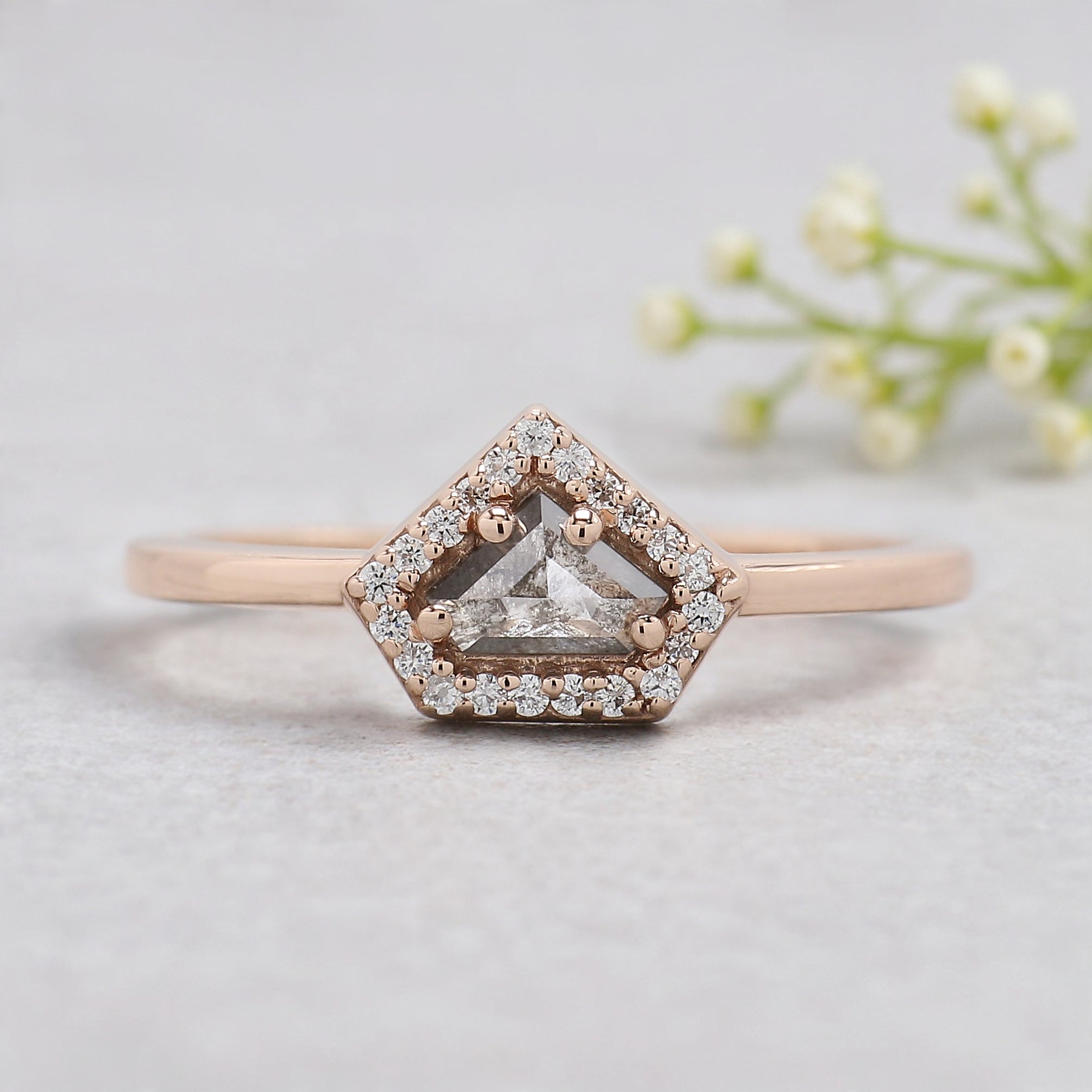 Shield salt and pepper Diamond Ring, Salt and pepper Shield Diamond Engagement Ring, Shield Diamond Ring, Halo Ring, Shield Ring, KD1122