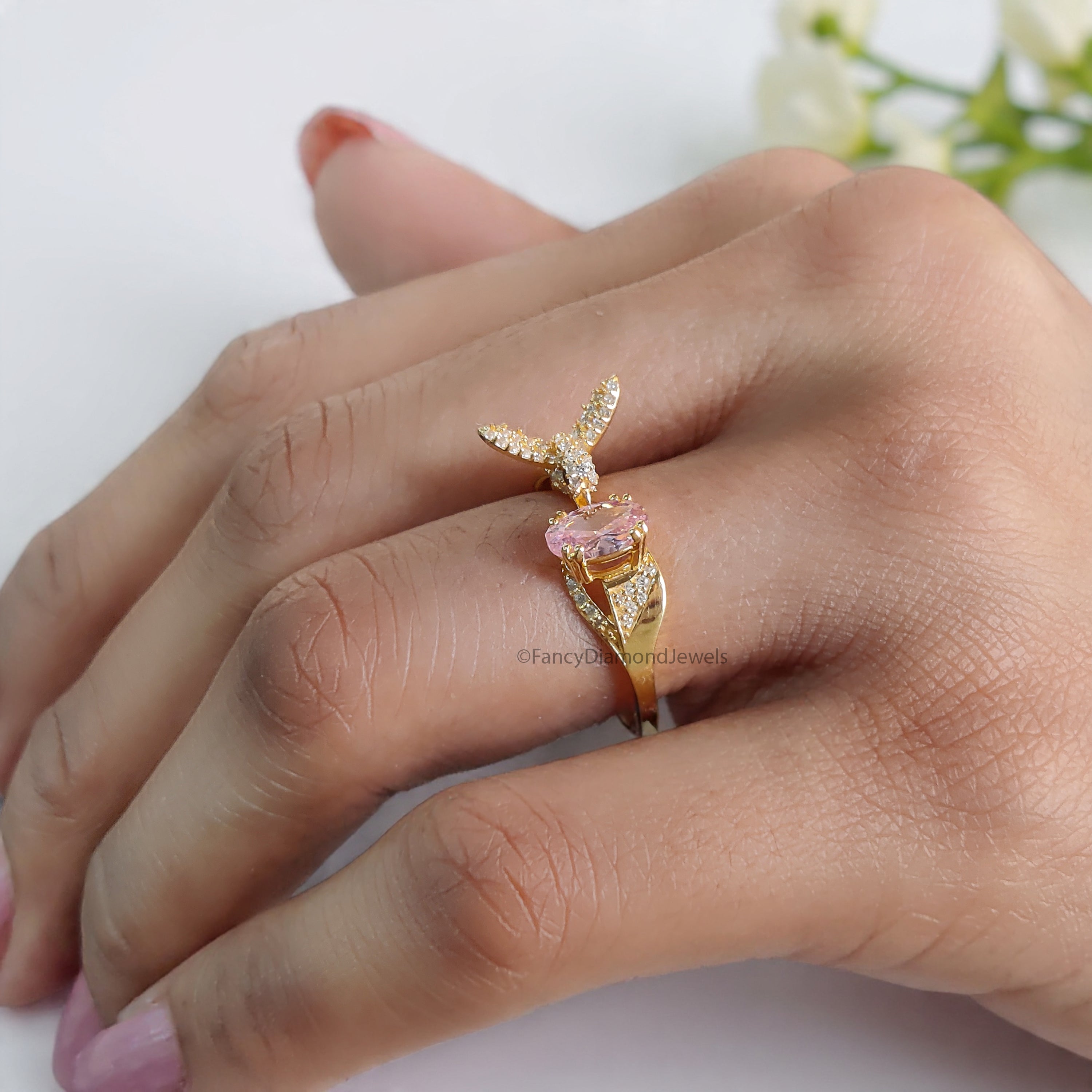 Oval Diamond Bird Ring Simulated Diamond Engagement Ring Yellow Plated Ring Anniversary Ring Simulant Pink Oval ring Gift For Her FD532
