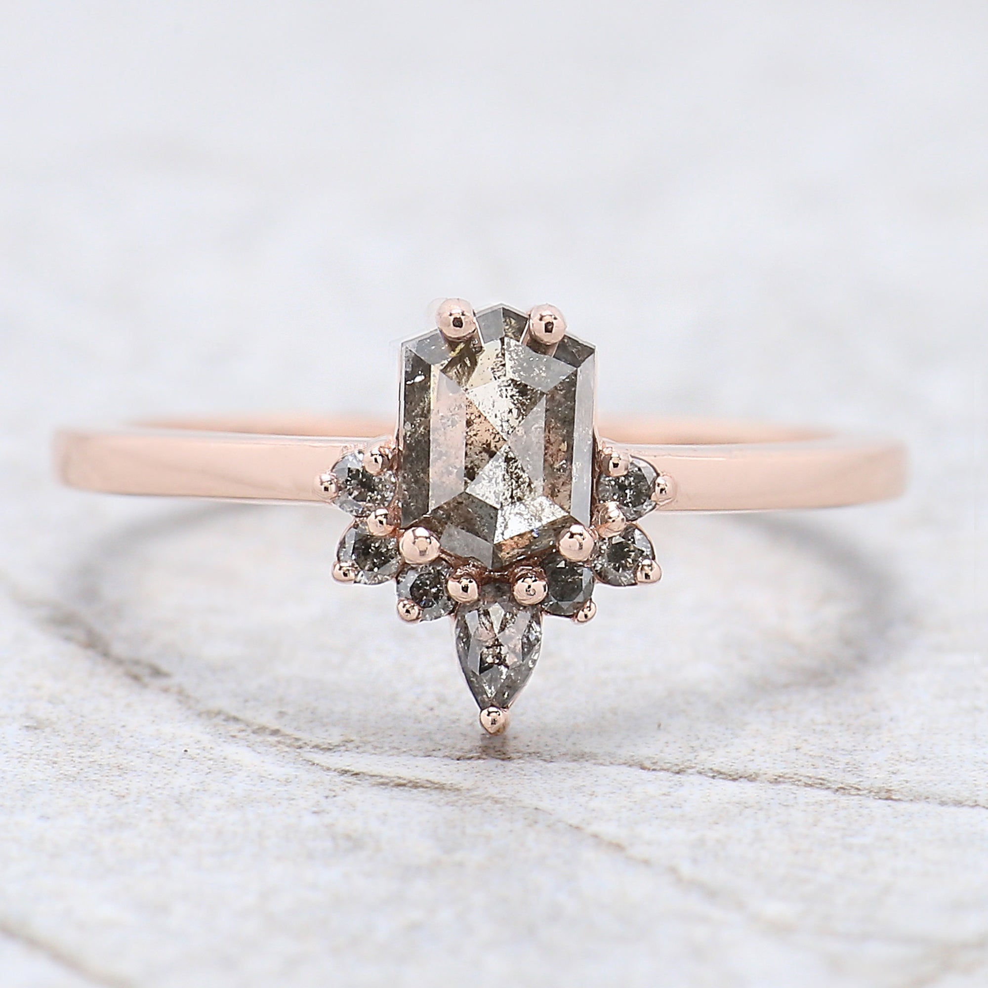 Hexagon Cut Salt And Pepper Diamond Ring 0.69 Ct 6.00 MM Hexagon Diamond Ring 14K Solid Rose Gold Silver Engagement Ring Gift For Her QN1480