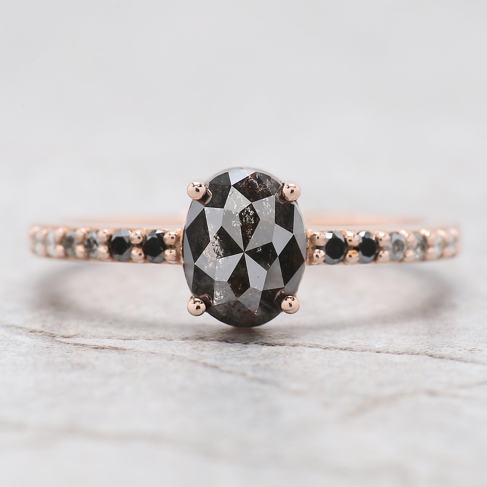 1.07 Ct Natural Oval Shape Salt And Pepper Diamond Ring 7.15 MM Oval Cut Diamond Ring 14K Solid Rose Gold Silver Engagement Ring QN404