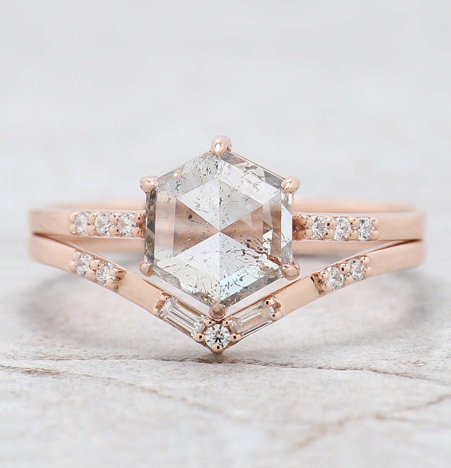 Hexagon Cut Salt And Pepper Diamond Ring 1.34 Ct 7.32 MM Hexagon Cut Diamond Ring 14K Rose Gold Silver Engagement Ring Gift For Her QL2626