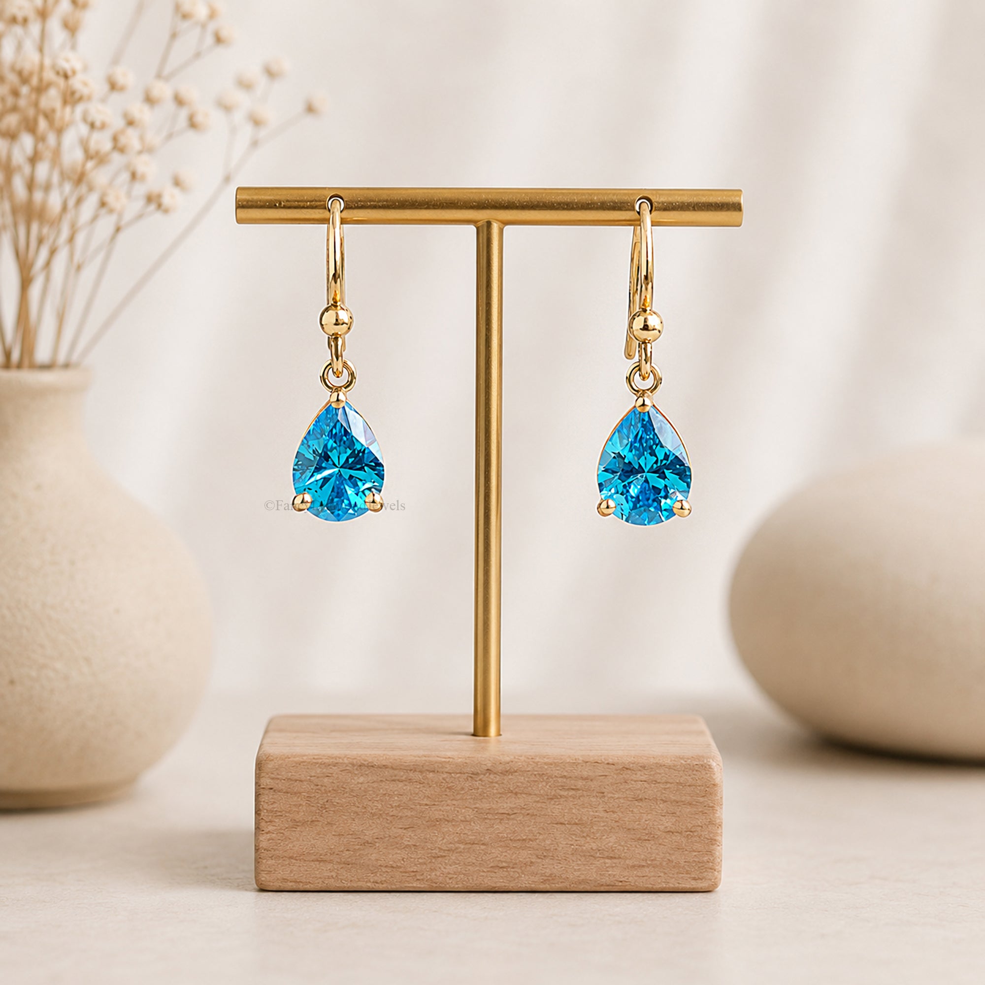 Pear Shape Topaz Blue CZ Droplet Drop Earrings in Sterling Silver, Wedding Earrings, Dainty Anniversary Gift For Her, Hook Earrings FD598