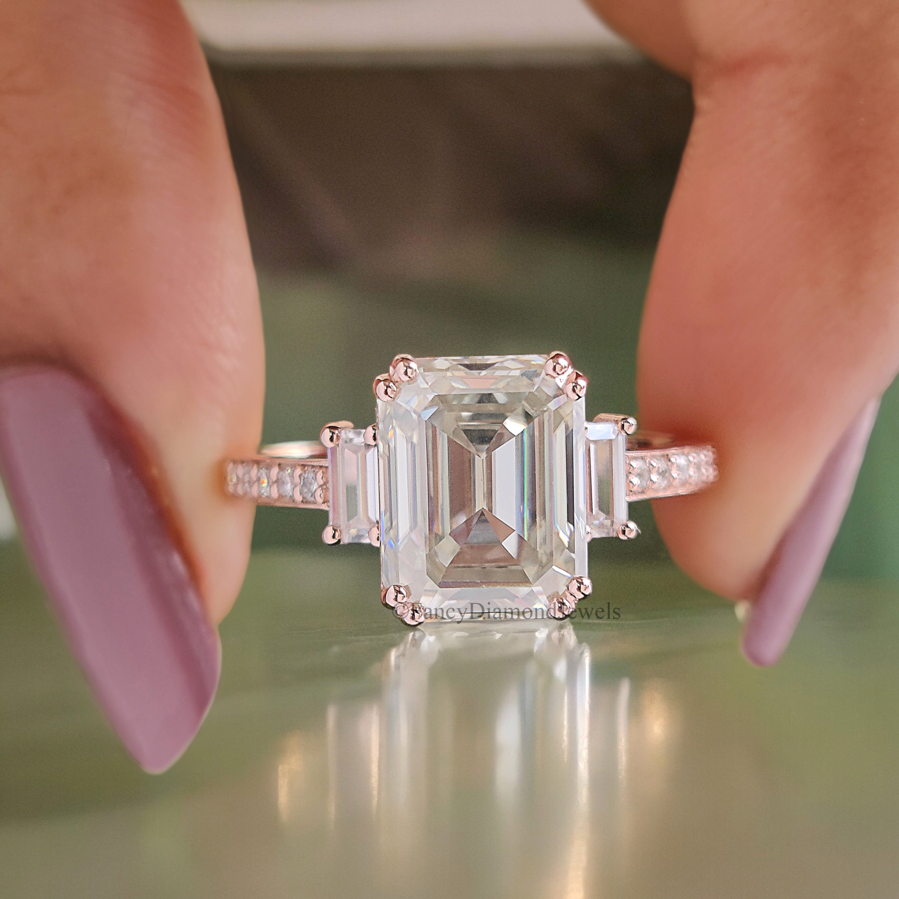 Vintage Emerald Cut Moissanite Ring Three Stone Engagement Ring Bridal Wedding Ring Anniversary Gift Ring Valentine's Gift For Women FD191
