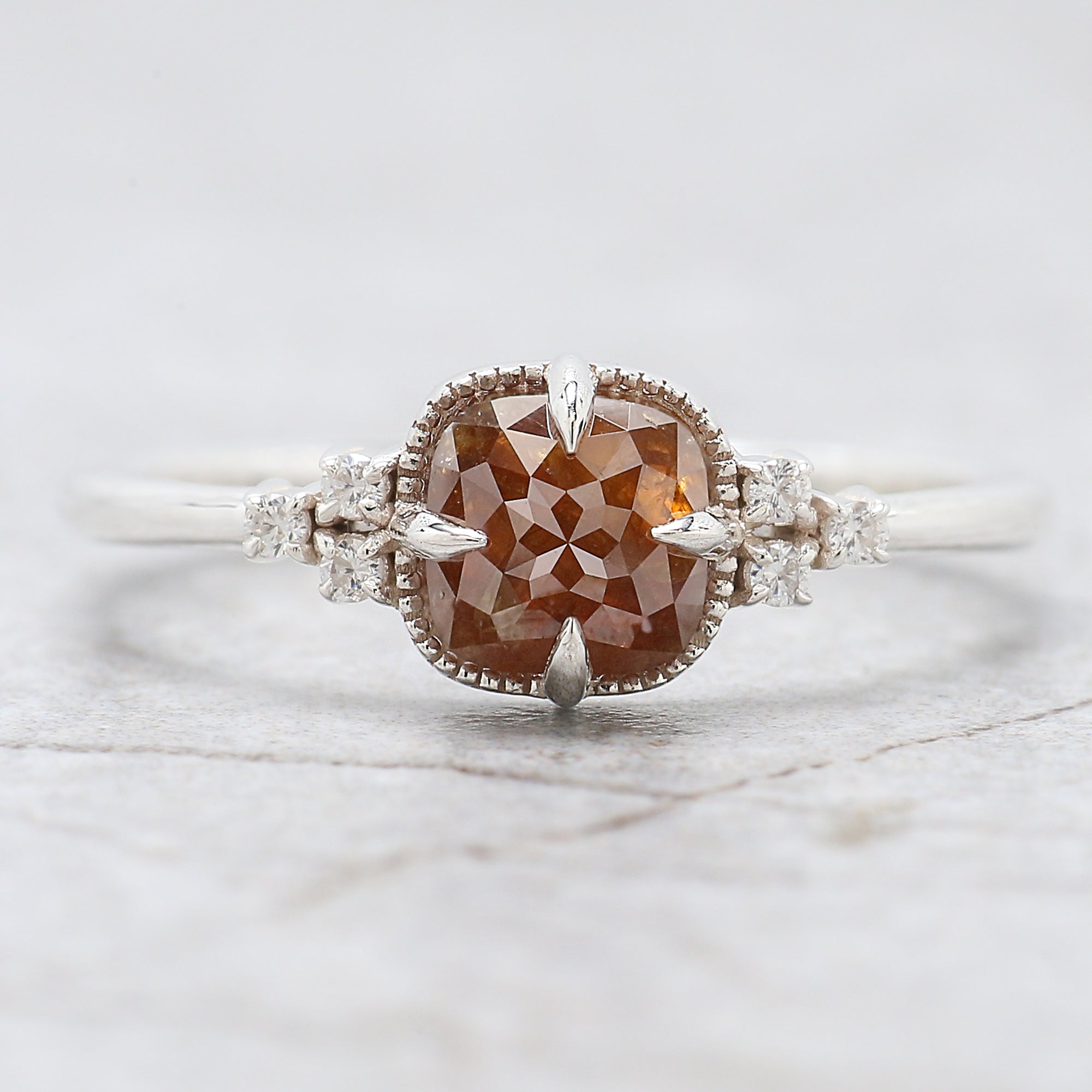 Cushion Cut Brown Color Diamond Ring 1.27 Ct 5.30 MM Cushion Shape Diamond Ring 14K White Gold Silver Engagement Ring Gift For Her QN9211