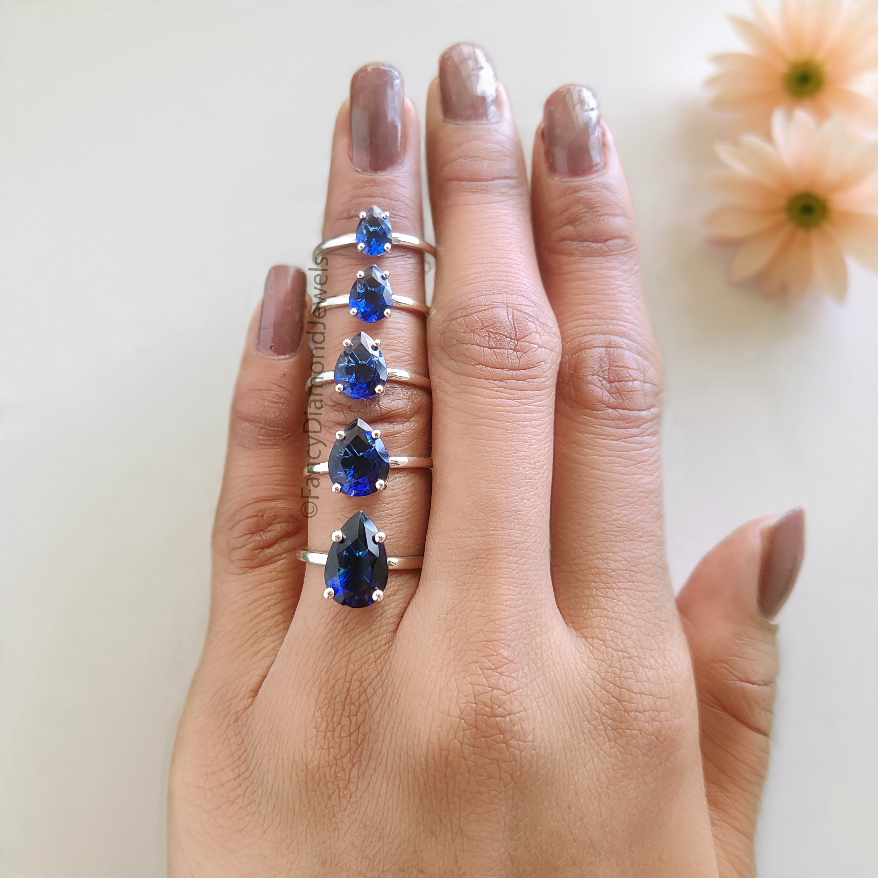 Pear Blue Sapphire engagement ring 12mm 10mm 9mm 8mm 7mm stone ring Simulant Solitaire ring Diamond ring Silver ring Gift for her FD547