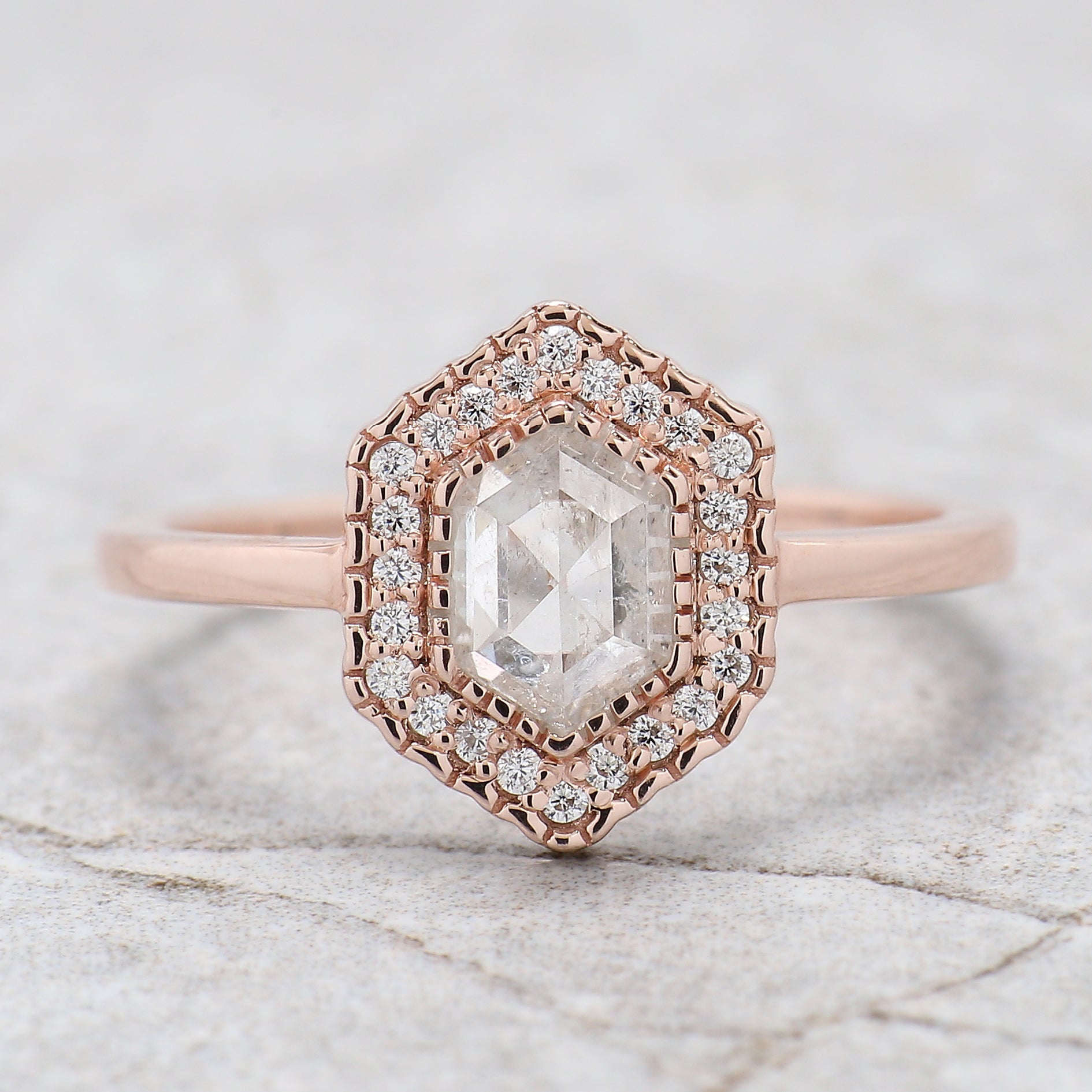 Hexagon Cut Salt And Pepper Diamond Ring 0.79 Ct 6.50 MM Hexagon Diamond Ring 14K Solid Rose Gold Silver Engagement Ring Gift For Her QL2587
