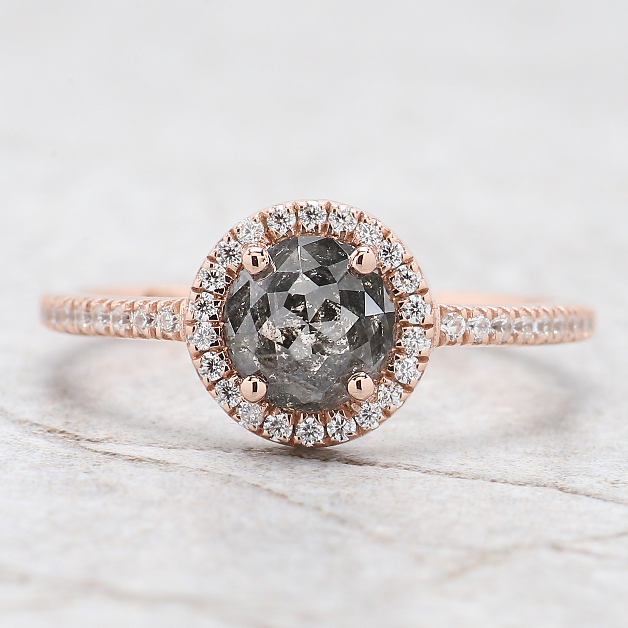 Round Rose Cut Salt And Pepper Diamond Ring 0.96 Ct 6.00 MM Round Diamond Ring 14K Rose Gold Silver Engagement Ring Gift For Her QN1216