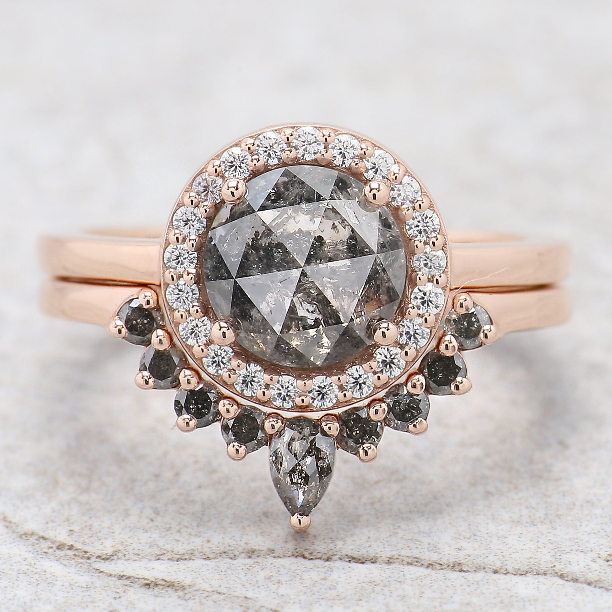 1.86 Ct Natural Round Rose Cut Salt And Pepper Diamond Ring 7.25 MM Round Diamond Ring 14K Solid Rose Gold Silver Engagement Ring QL2001