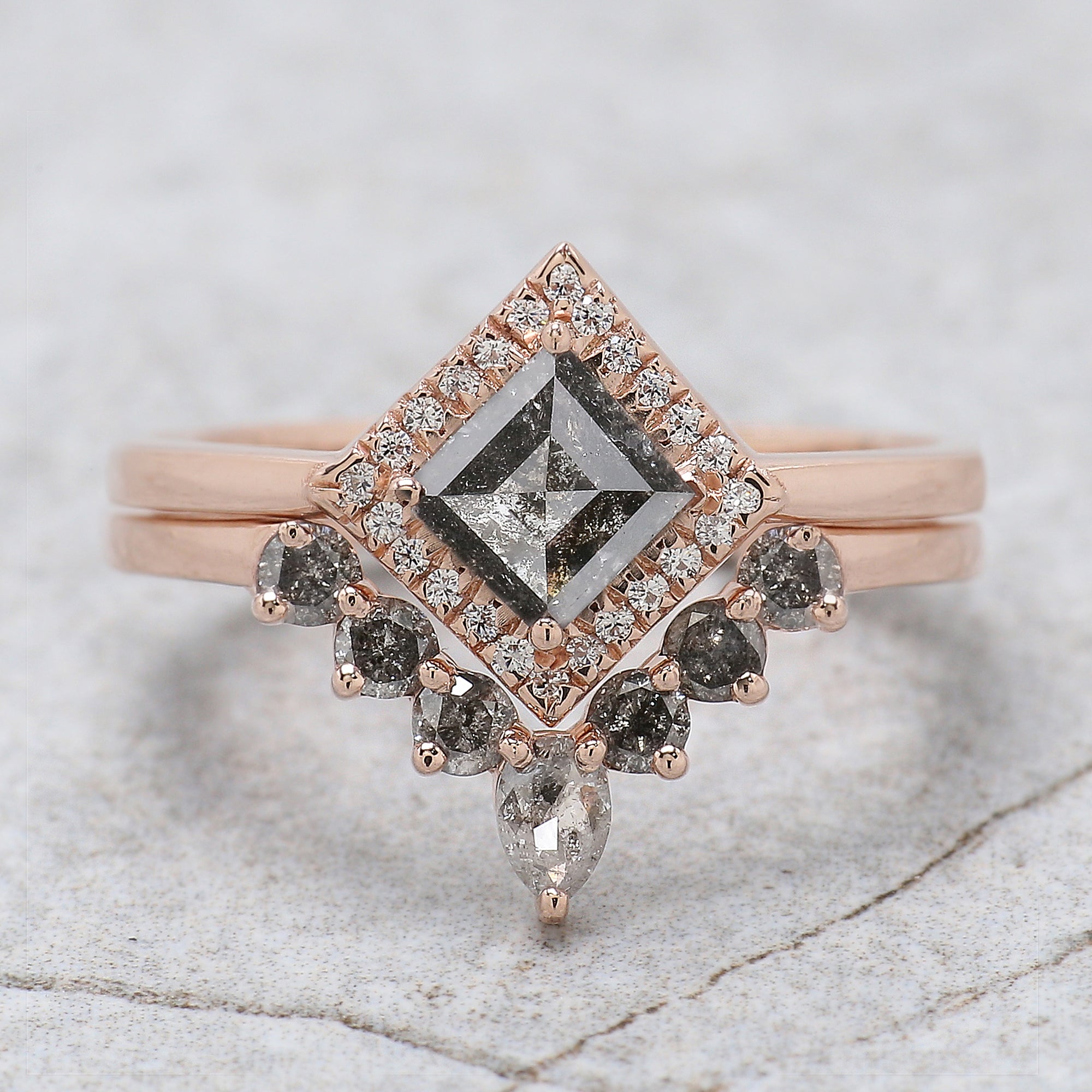 Kite Cut Salt And Pepper Diamond Ring 0.60 Ct 6.80 MM Kite Diamond Ring 14K Solid Rose Gold Silver Kite Engagement Ring Gift For Her QL159
