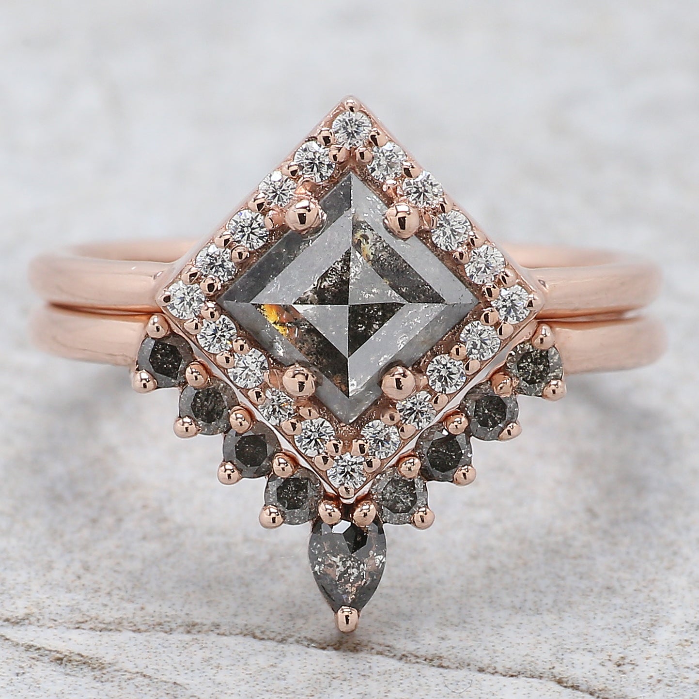 Kite Cut Salt And Pepper Diamond Ring 0.88 Ct 7.79 MM Kite Diamond Ring 14K Solid Rose Gold Silver Kite Engagement Ring Gift For Her QL2107