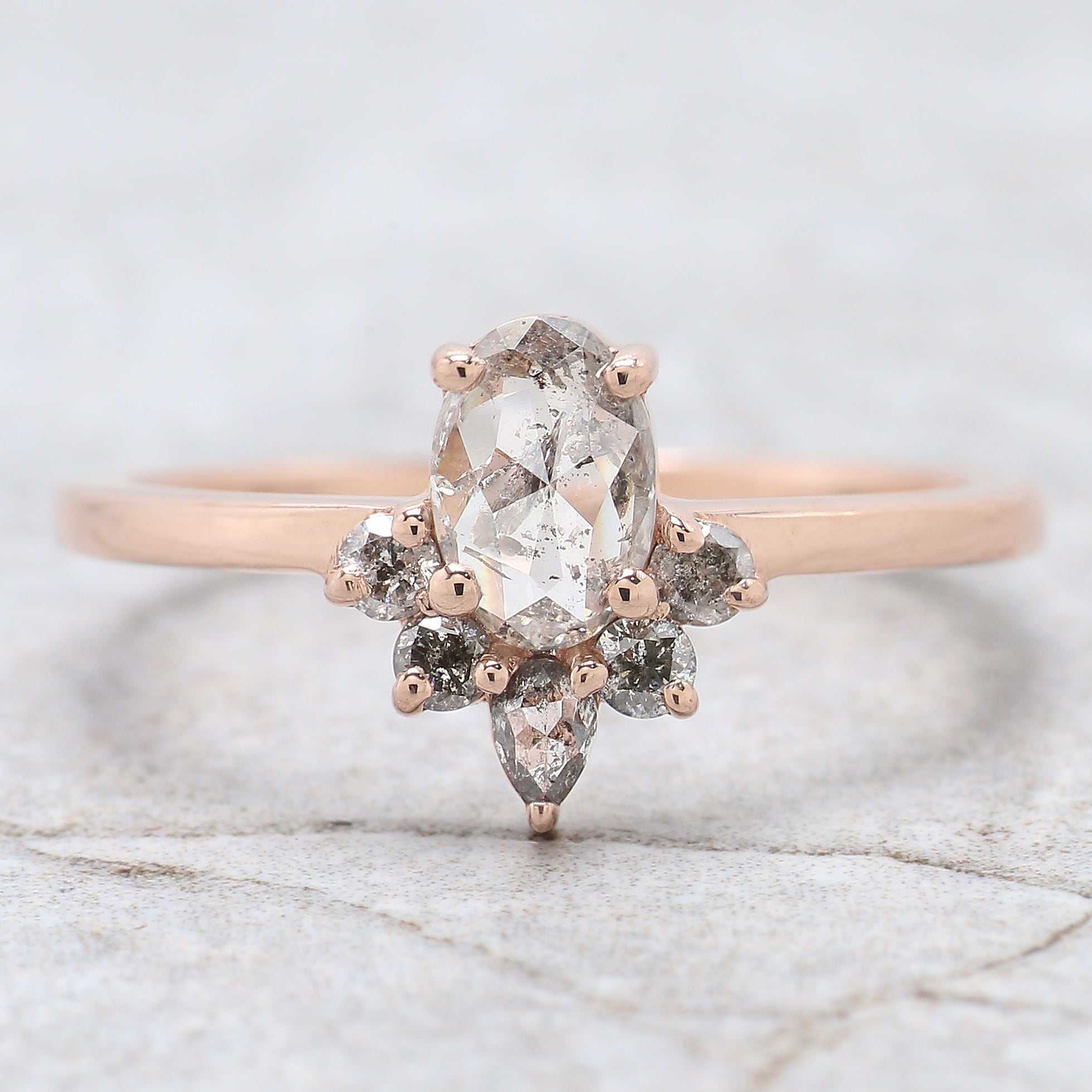 Oval Cut Salt And Pepper Diamond Ring 0.57 Ct 6.45 MM Oval Diamond Ring 14K Solid Rose Gold Silver Oval Engagement Ring Gift For Her QL9614