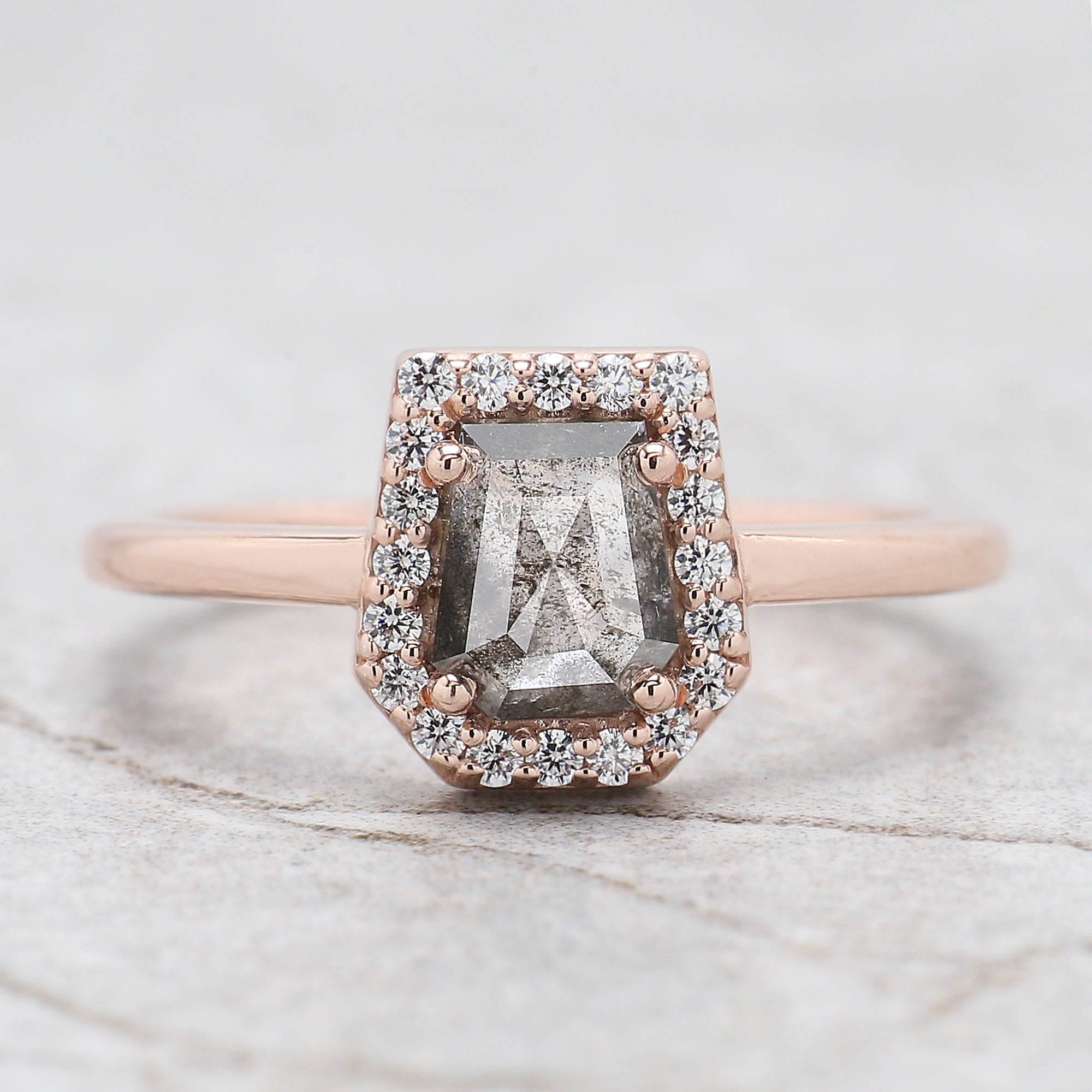 Coffin Cut Salt And Pepper Diamond Ring 0.96 Ct 6.25 MM Coffin Diamond Ring 14K Solid Rose Gold Silver Engagement Ring Gift For Her QN1097