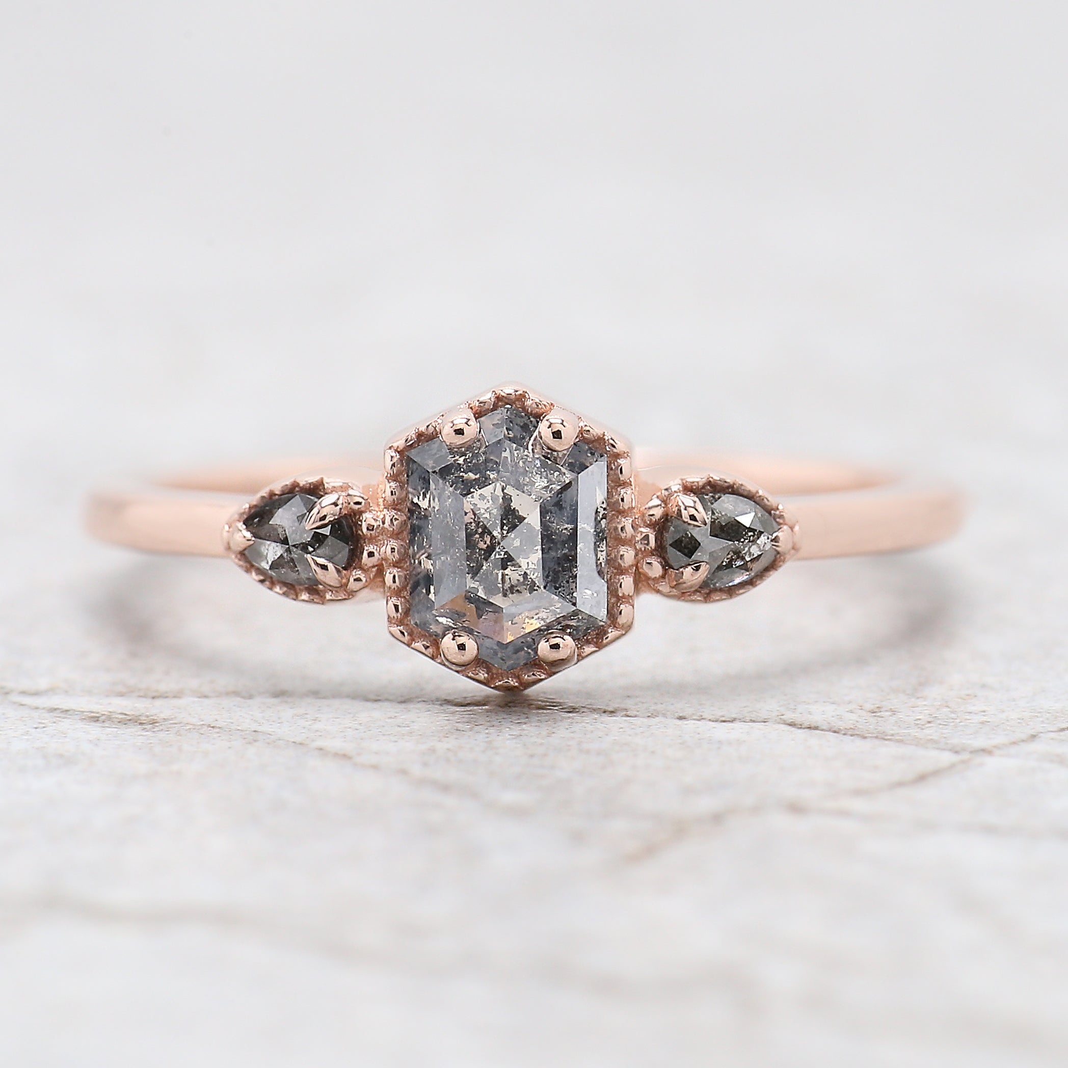 Hexagon Cut Salt And Pepper Diamond Ring 0.62 Ct 5.72 MM Hexagon Diamond Ring 14K Solid Rose Gold Silver Engagement Ring Gift For Her QK2593