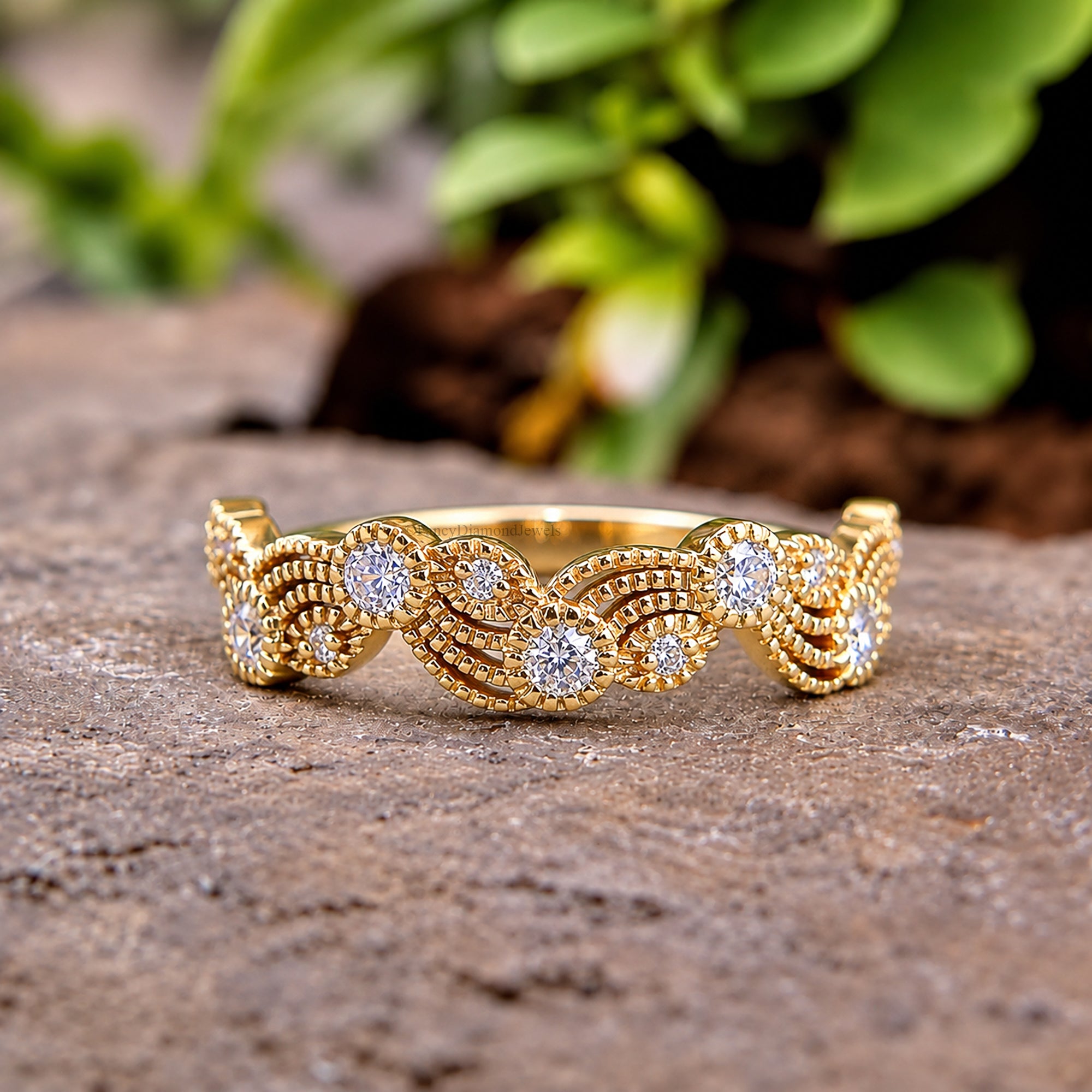 Leaf & Vine Art Deco Wedding Ring, Vintage Nature Ring, Half Eternity Ring, Round Ring, Unique Vintage Band, Wedding Band For Her FD604