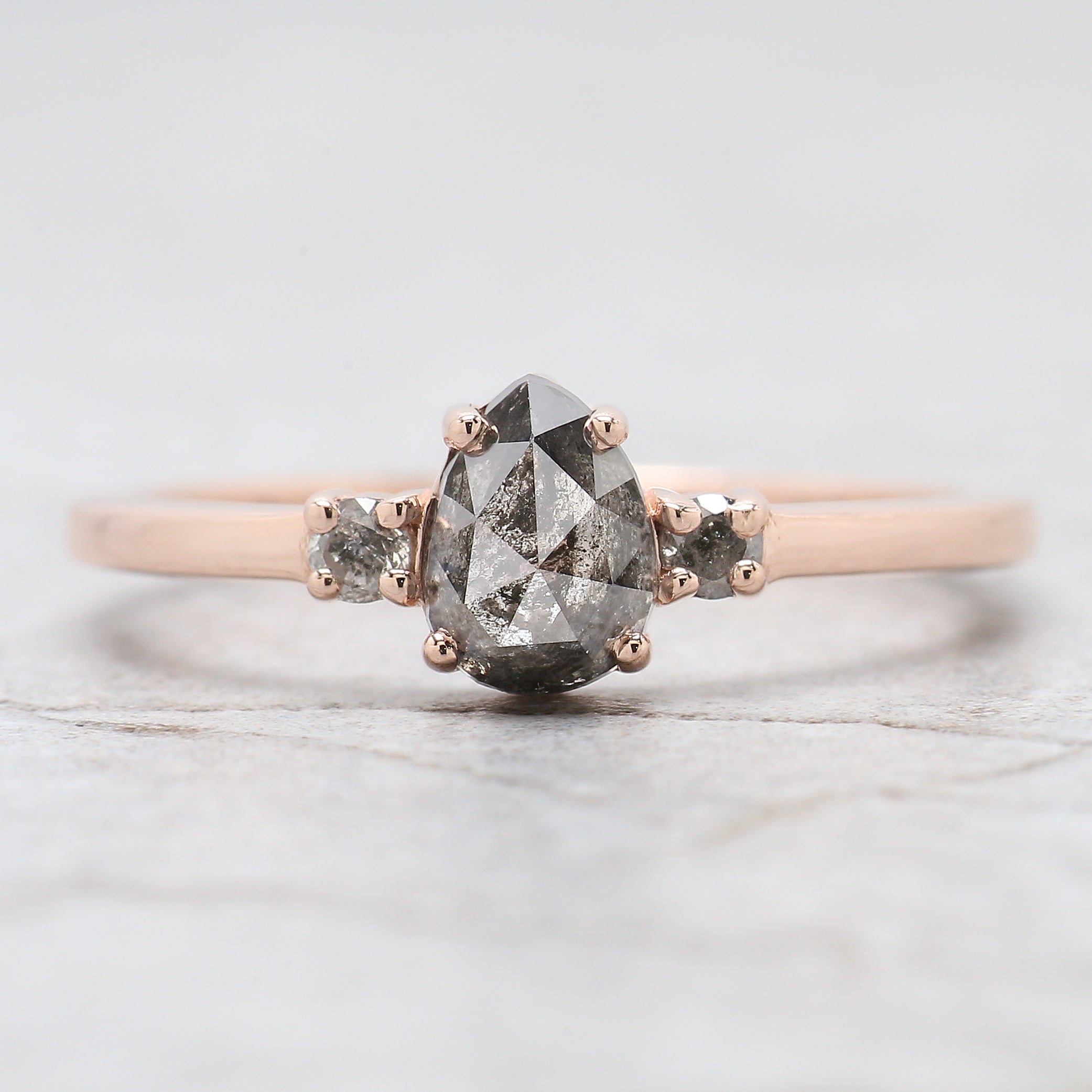 Pear Shape Salt And Pepper Diamond Ring 0.69 Ct 6.35 MM Pear Cut Diamond Ring 14K Solid Rose Gold Silver Engagement Ring Gift For Her QN9491