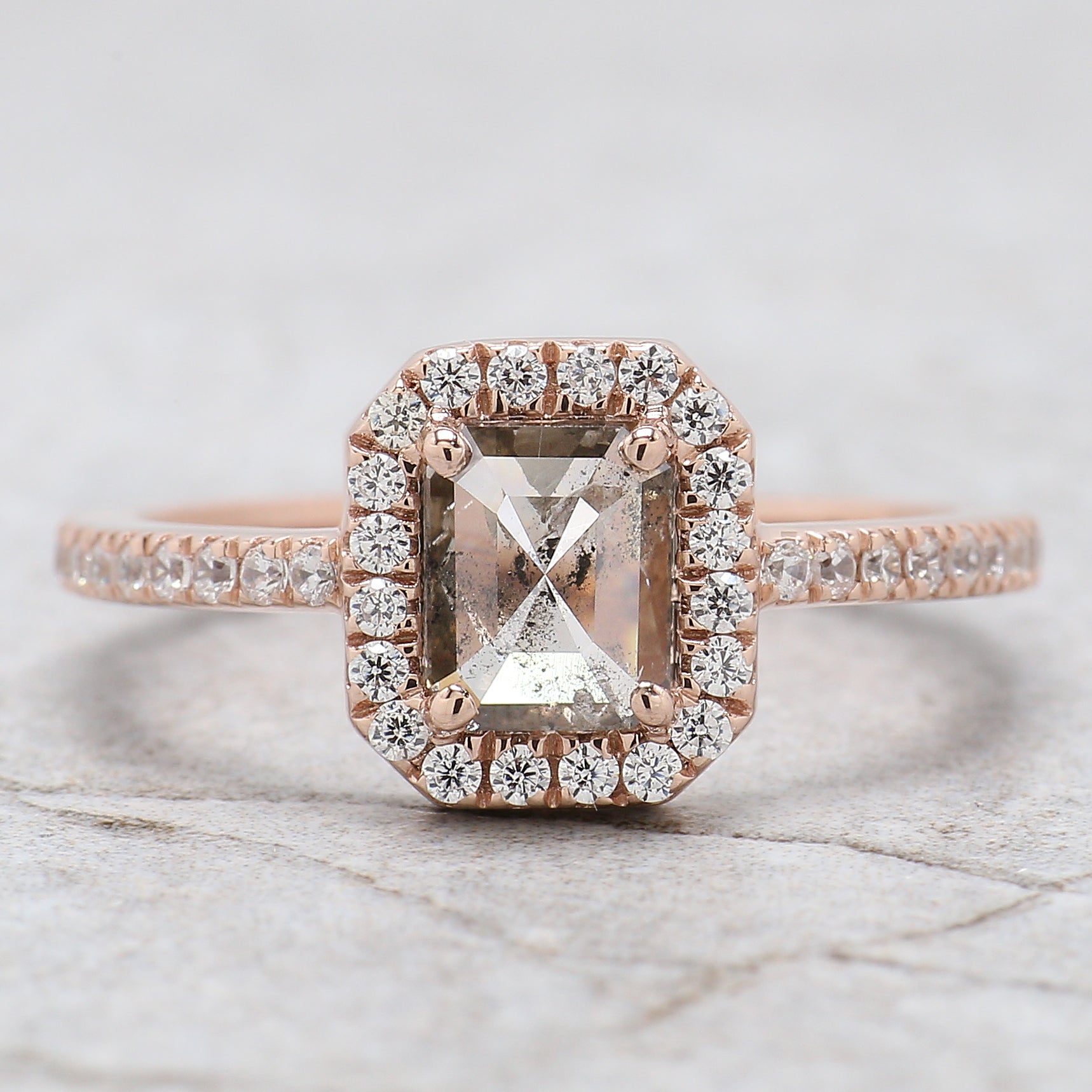 Emerald Cut Salt And Pepper Diamond Ring 0.86 Ct 6.10 MM Emerald Diamond Ring 14K Solid Rose Gold Silver Engagement Ring Gift For Her QL9563