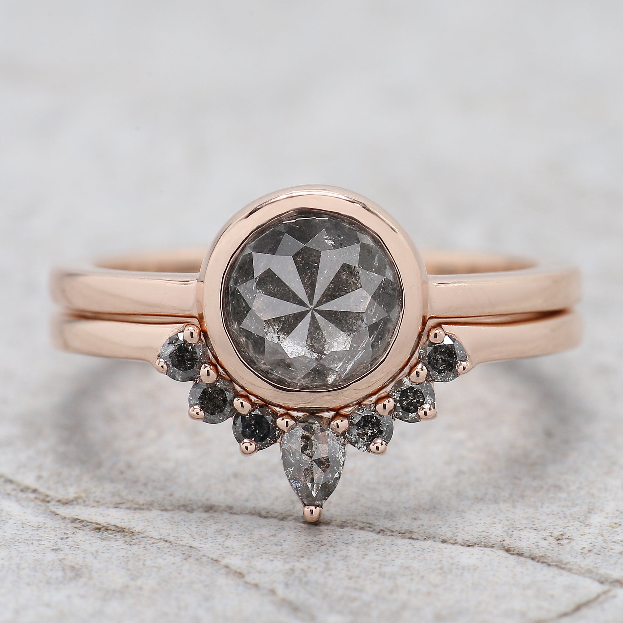 Round Rose Cut Salt And Pepper Diamond Ring 1.54 Ct 6.73 MM Round Diamond Ring 14K Rose Gold Silver Engagement Ring Gift For Her QL1917