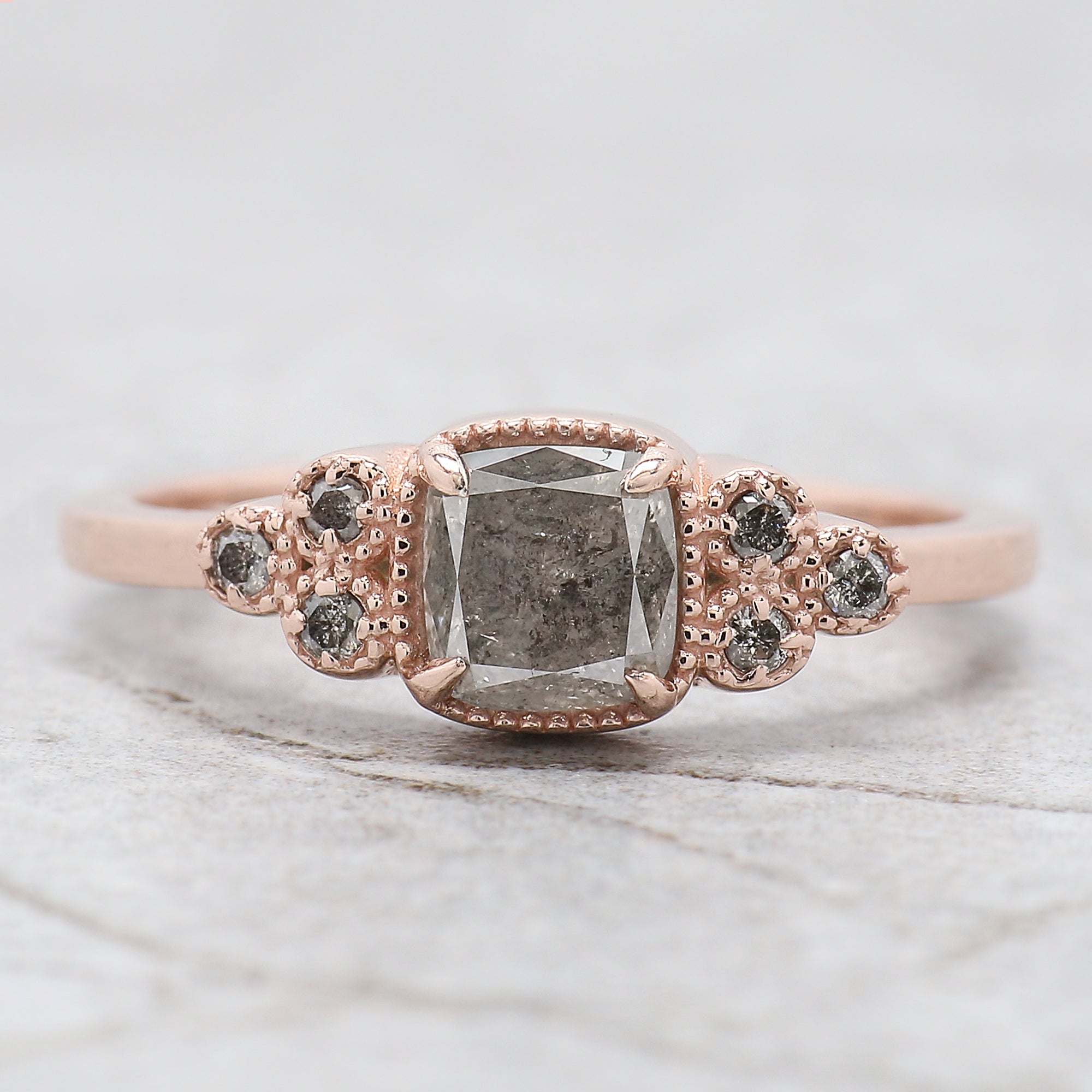 Cushion Cut Salt And Pepper Diamond Ring 0.95 Ct 5.60 MM Cushion Diamond Ring 14K Solid Rose Gold Silver Engagement Ring Gift For Her QN794