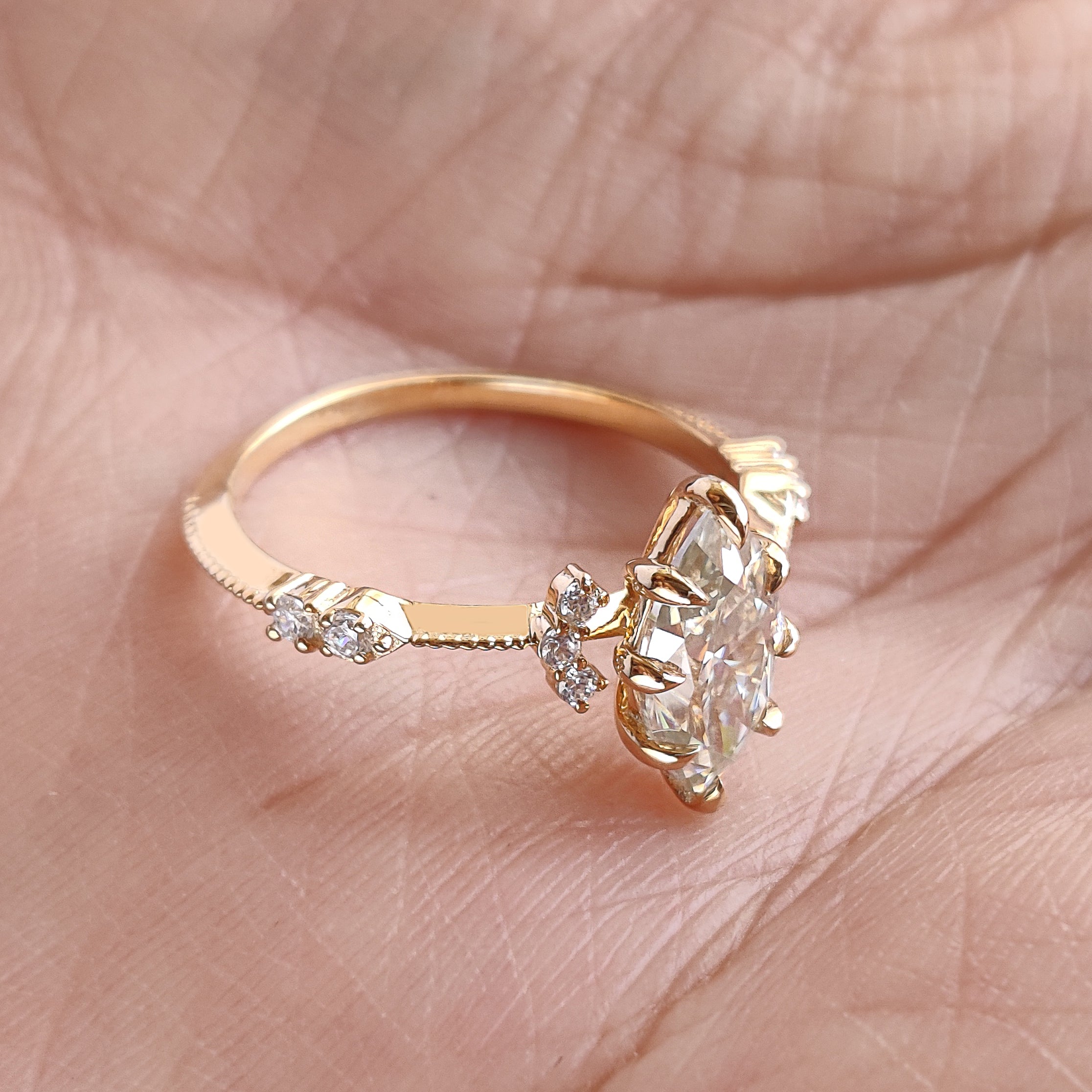 1.10 CT Marquise Lab Grown Diamond Engagement Ring Knife Band Round Diamond Ring Bridal Promise Ring Yellow Gold Ring Gift For Her FD455