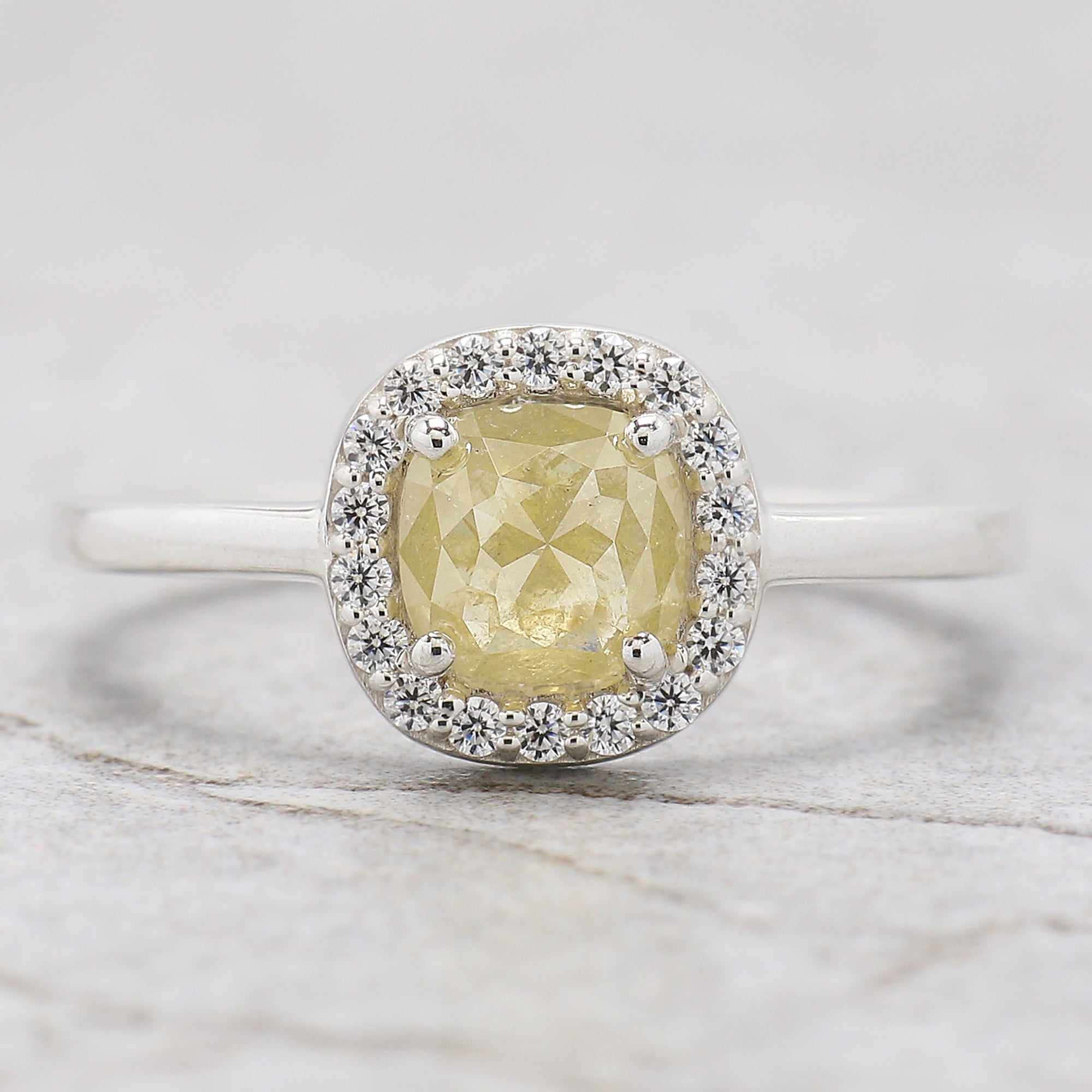 Cushion Yellow Color Diamond Ring 0.81 Ct 5.65 MM Cushion Shape Diamond Ring 14K Solid White Gold Silver Engagement Ring Gift For Her QL9098