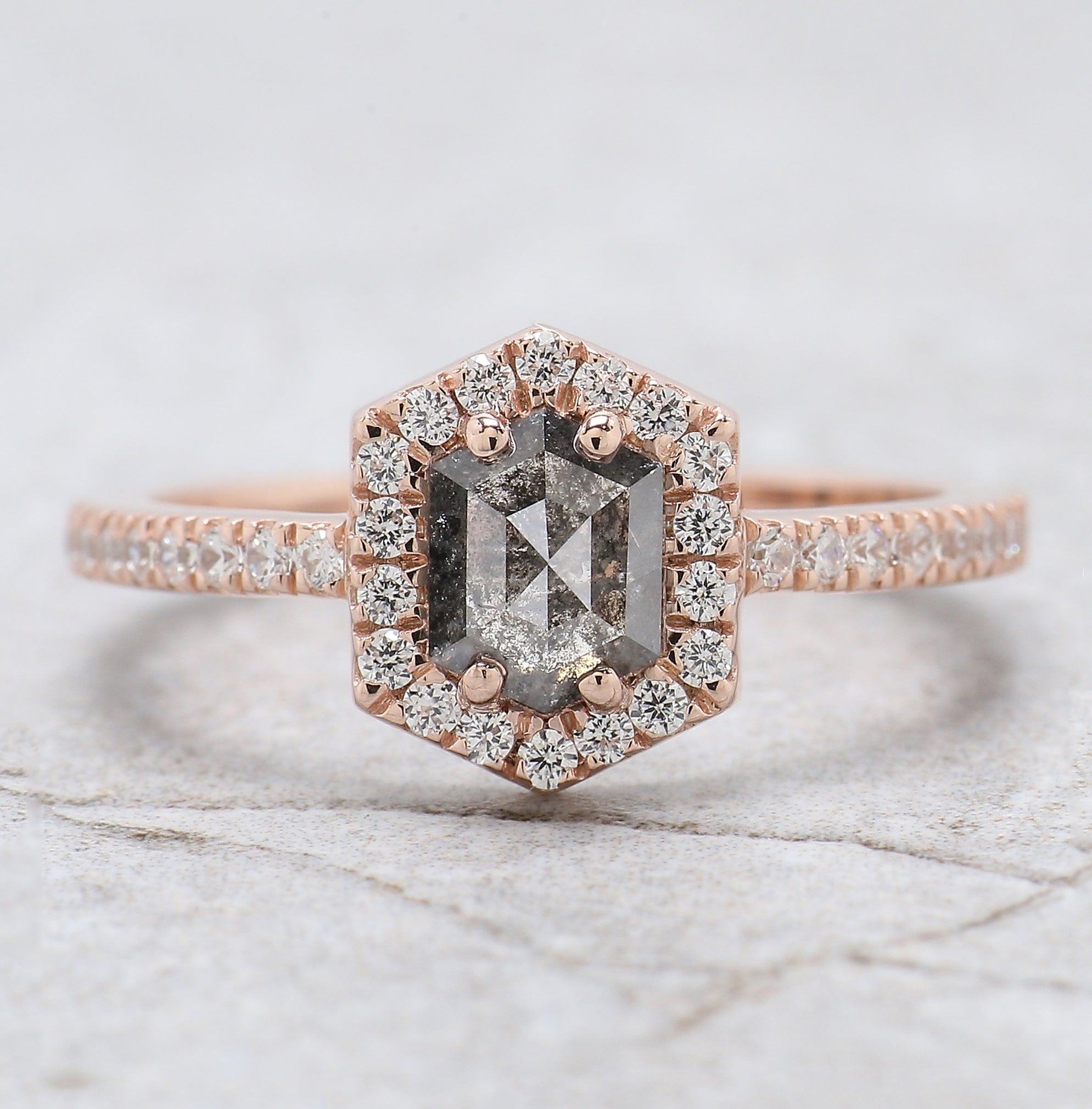 Hexagon Salt And Pepper Diamond Ring 0.80 Ct 6.30 MM Hexagon Cut Diamond Ring 14K Solid Rose Gold Silver Engagement Ring Gift For Her QN1135