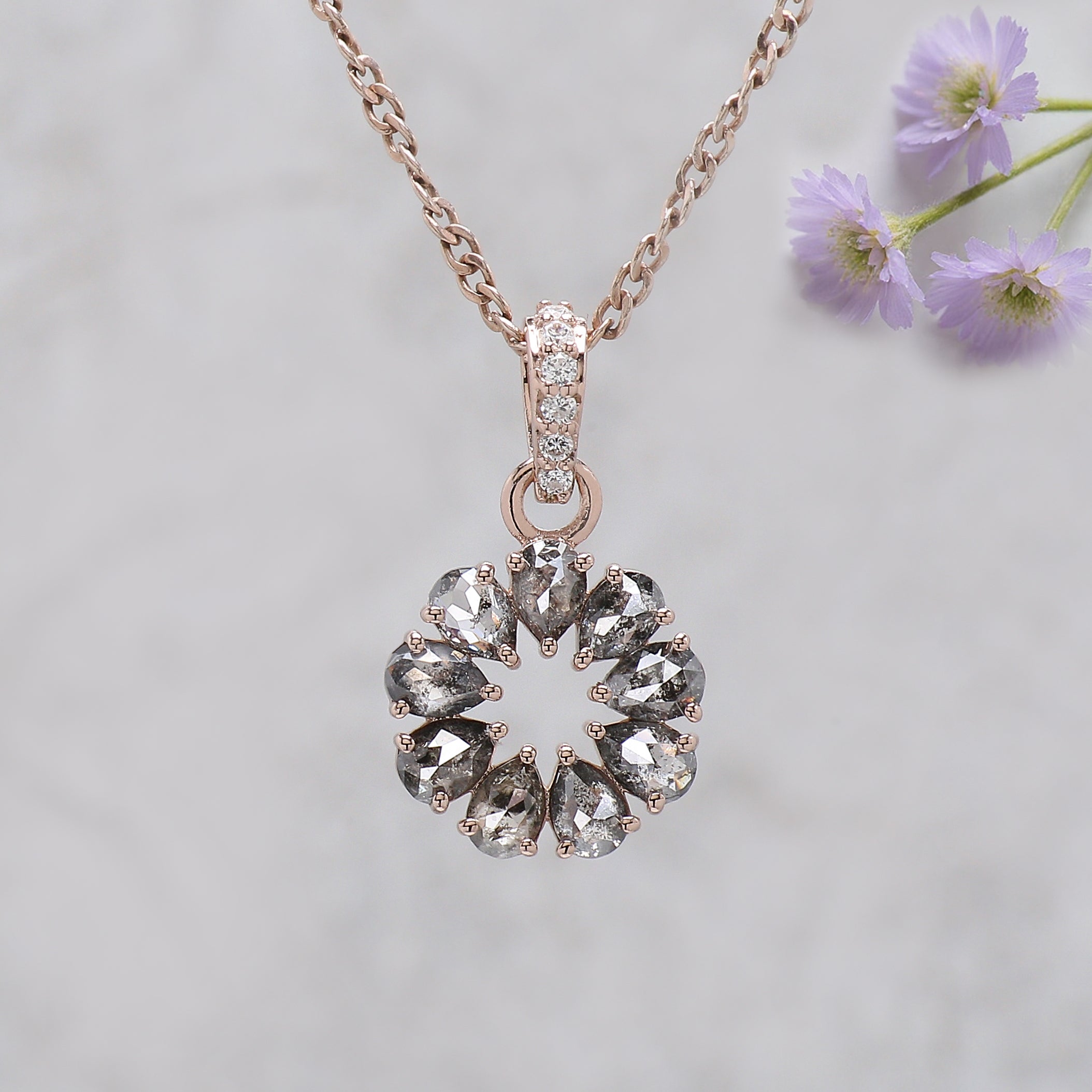 Pear Shape Salt and Pepper Diamond Pendant 0.49 Ct, 14K Solid Rose Gold Necklace, Rustic Diamond Engagement Pendant, Gift for Her KD1199