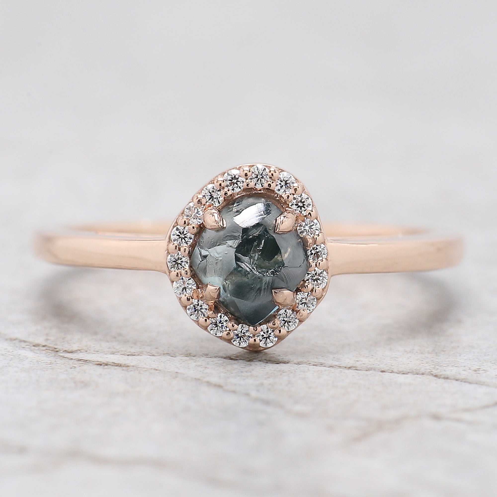 Rough Blue Color Diamond Ring 0.91 Ct 5.73 MM Crystal Rough Diamond Ring 14K Solid Rose Gold Silver Engagement Ring Gift For Her QL2239